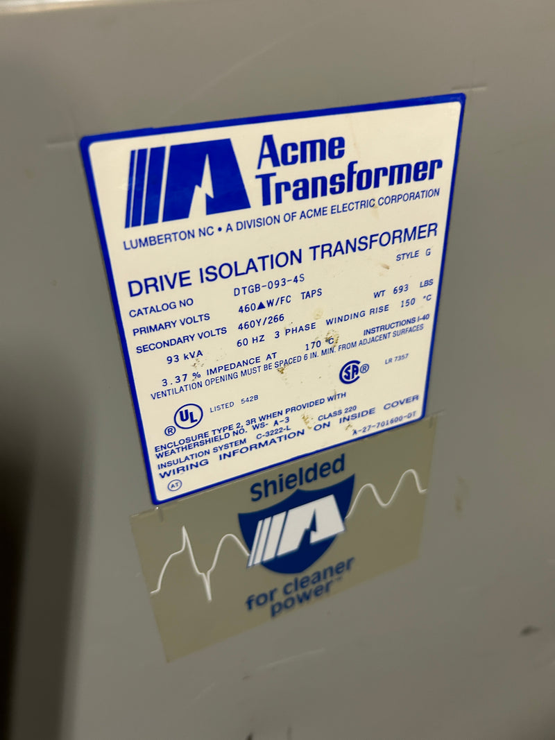 Acme DTGB-093-4S Drive Isolation Transformer 93kVA Style G 460V Primary 3PH