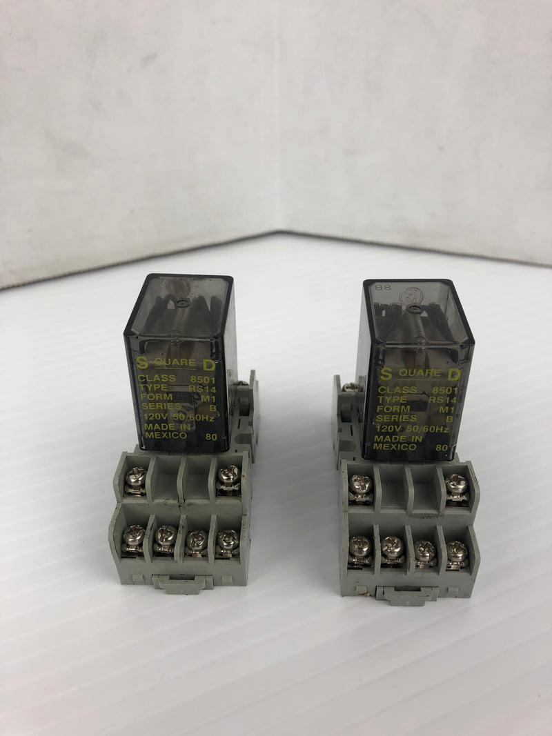 Square D 8501 Relay Type: RS14 Ser. B With Base Type: NR45 - Lot of 2