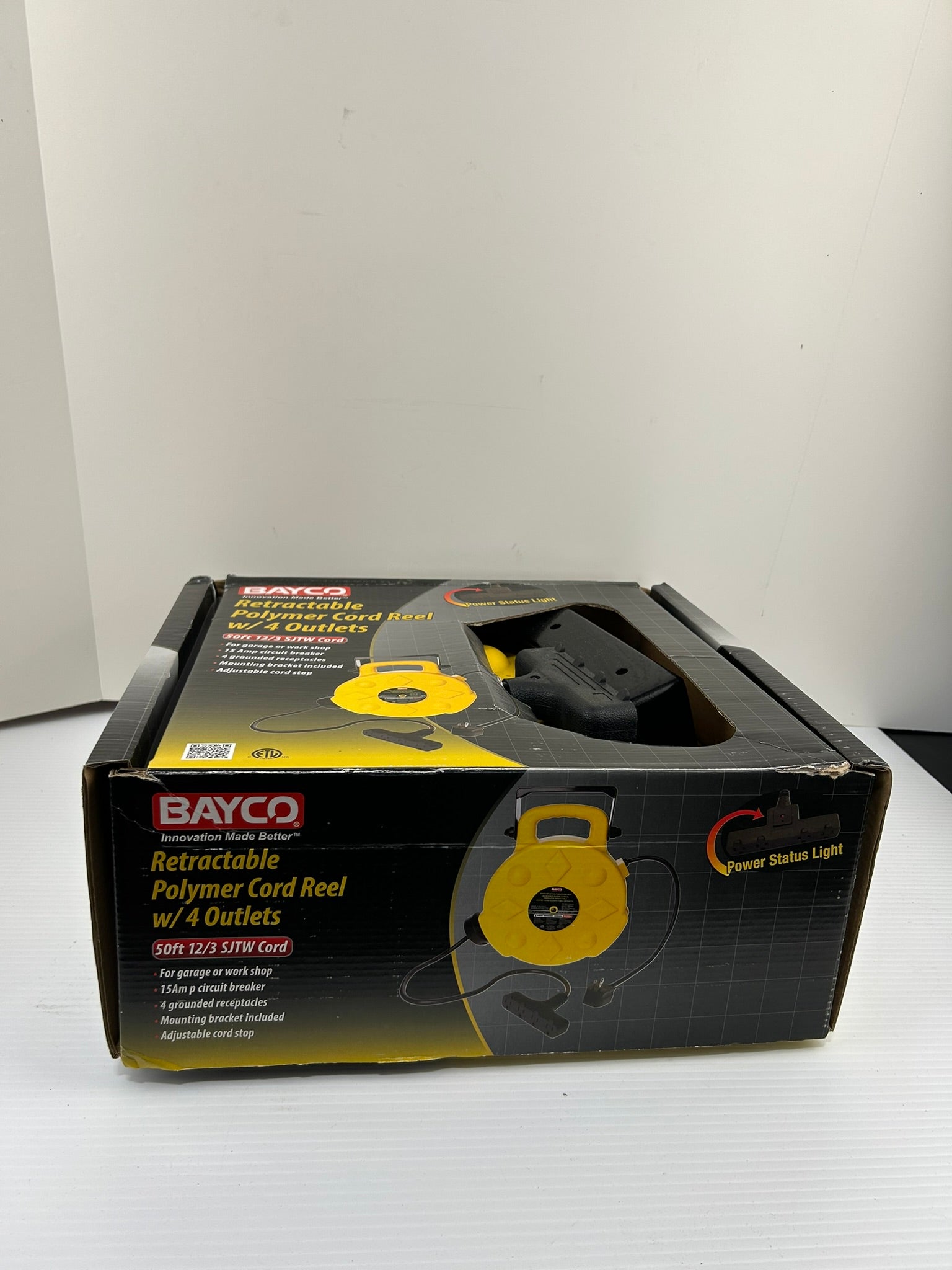 Bayco Retractable Polymer Cord Reel with 4 Outlets 50 Foot 12/3 SJTW Cord