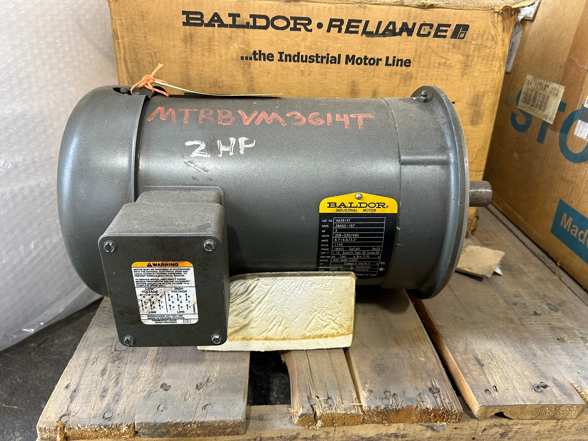 Baldor VM3614T 2HP Electric Motor 208-230/460V 3PH 1140 RPM TEFC 184TC