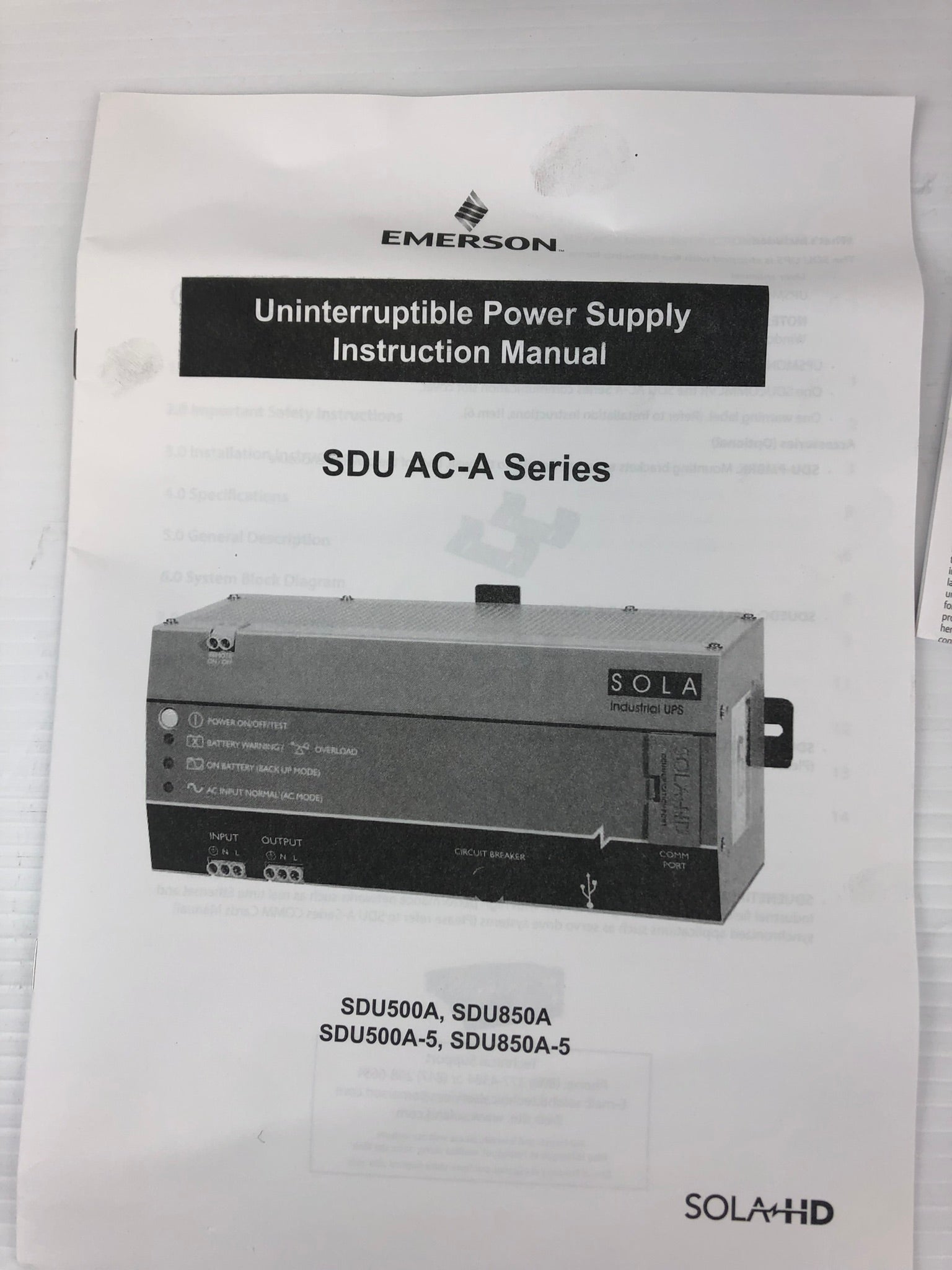 Emerson Sola SDU AC-A Series Uninterruptible Power Supply Instruction Book w/CD