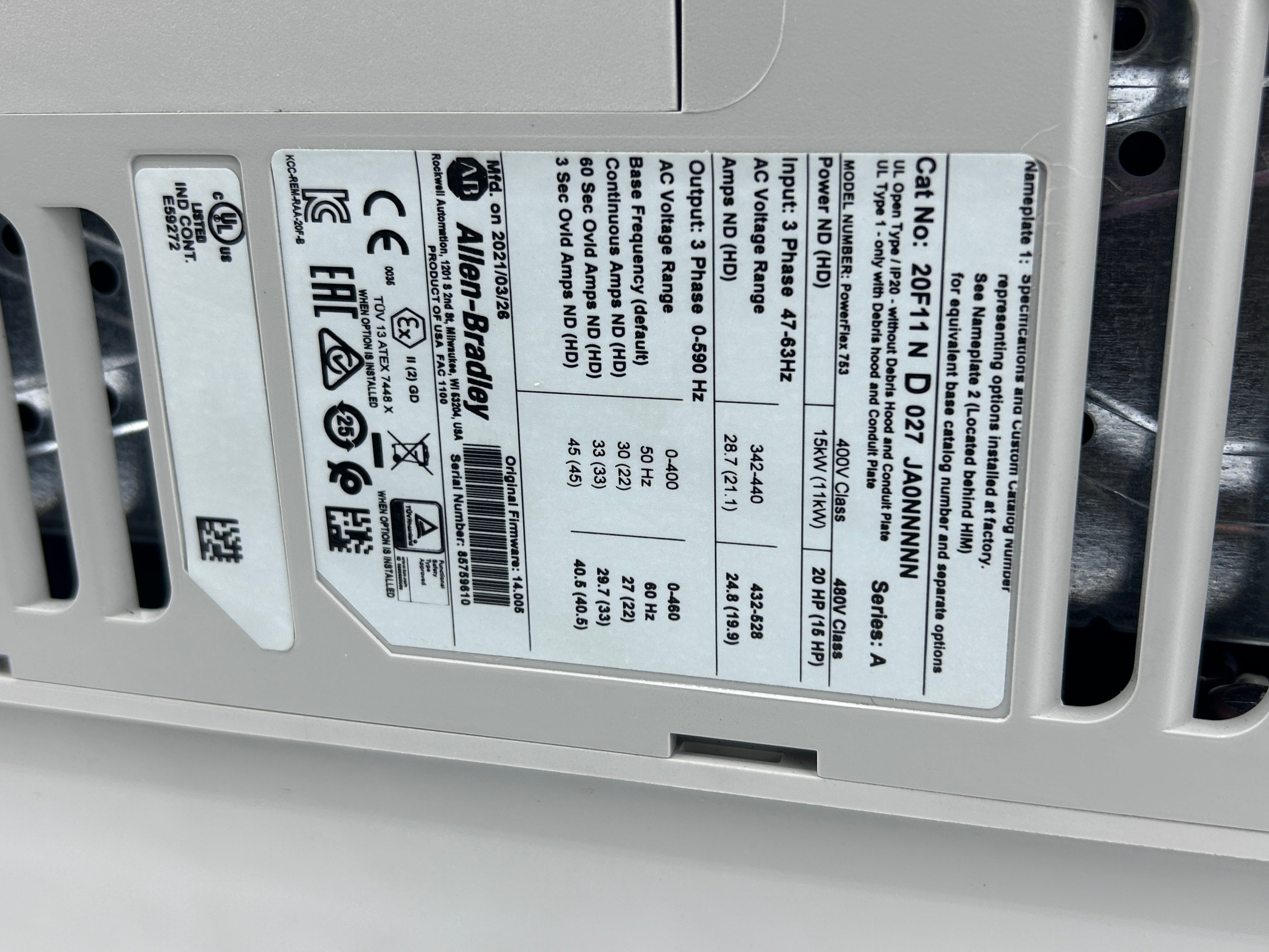Allen Bradley PowerFlex 753 20F11ND027JA0NNNNN AC Drive 20 HP Series A