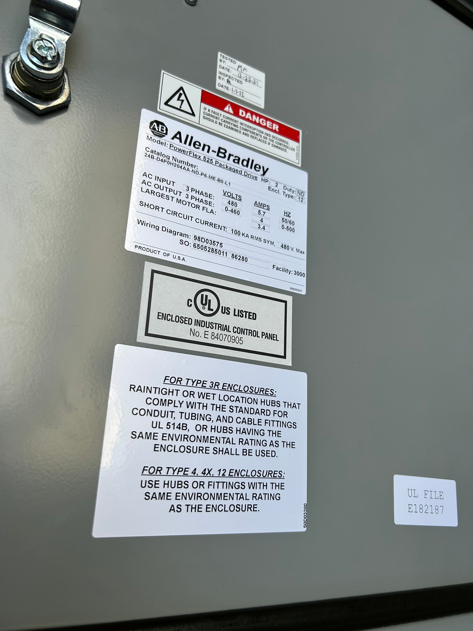 Allen Bradley 24B-D4P0H204AA-ND-P6-ME-B0-L1 PowerFlex 525 Electrical Cabinet