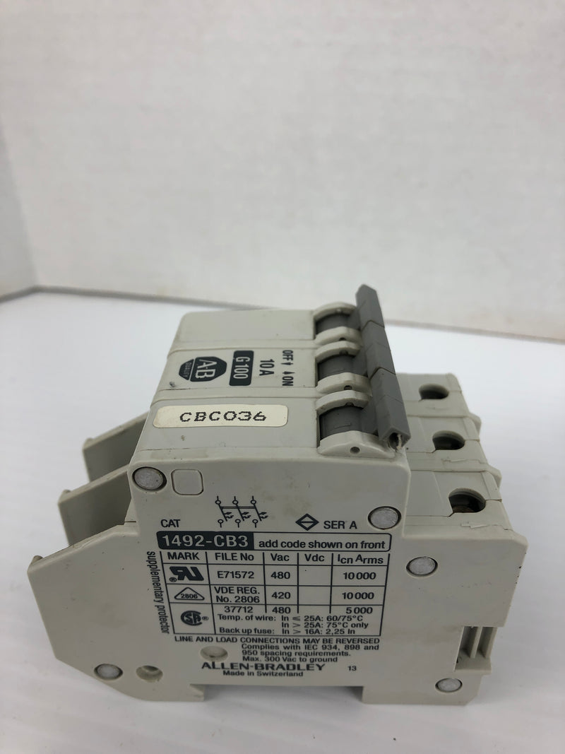 Allen Bradley G100 Circuit Breaker 1492-CB3 Ser. A 10A 3P