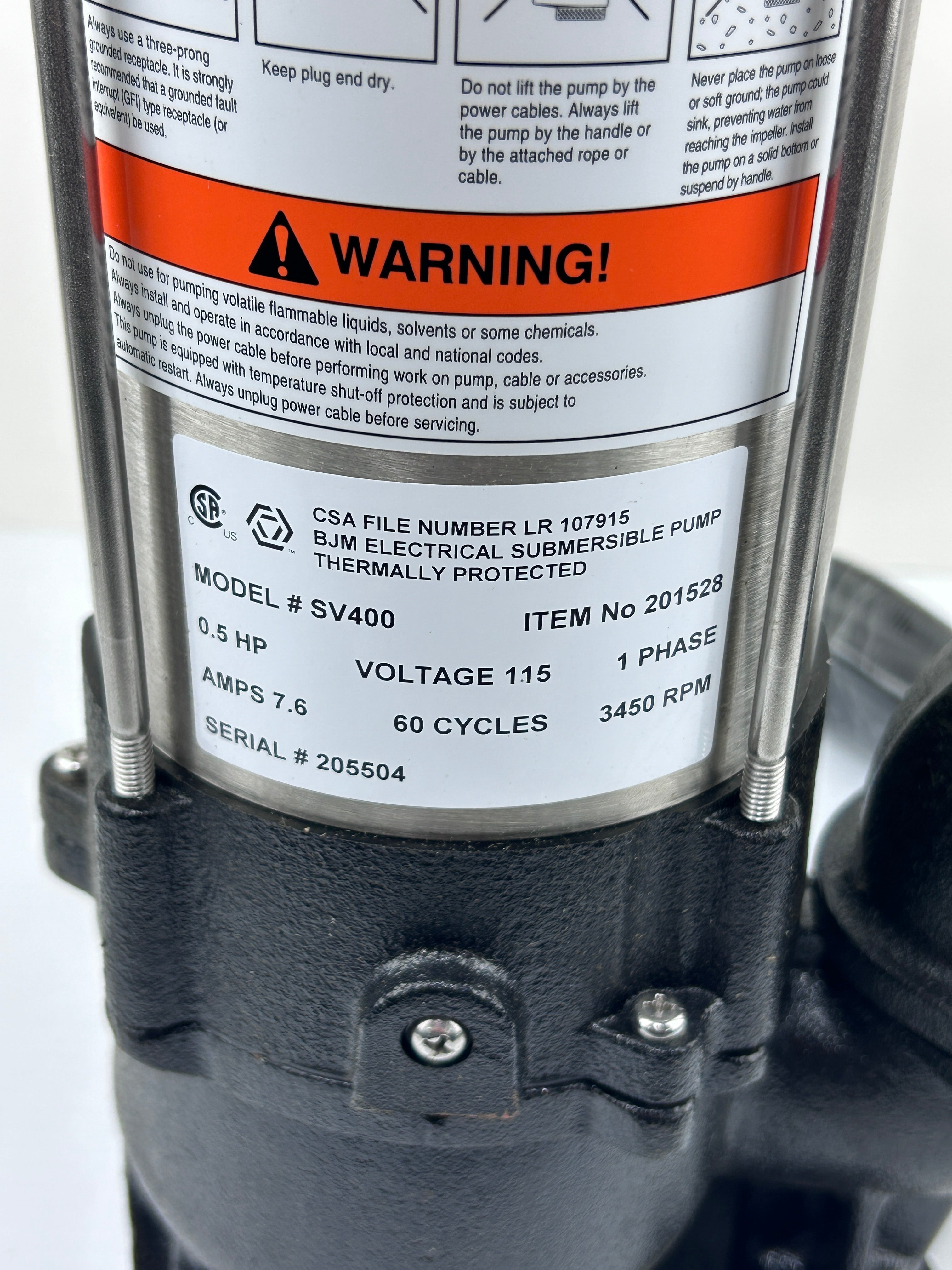 BJM Electrical Submersible Pump SV400 0.5HP 115V 1PH 7.6A 60CYC 3450 RPM 201528