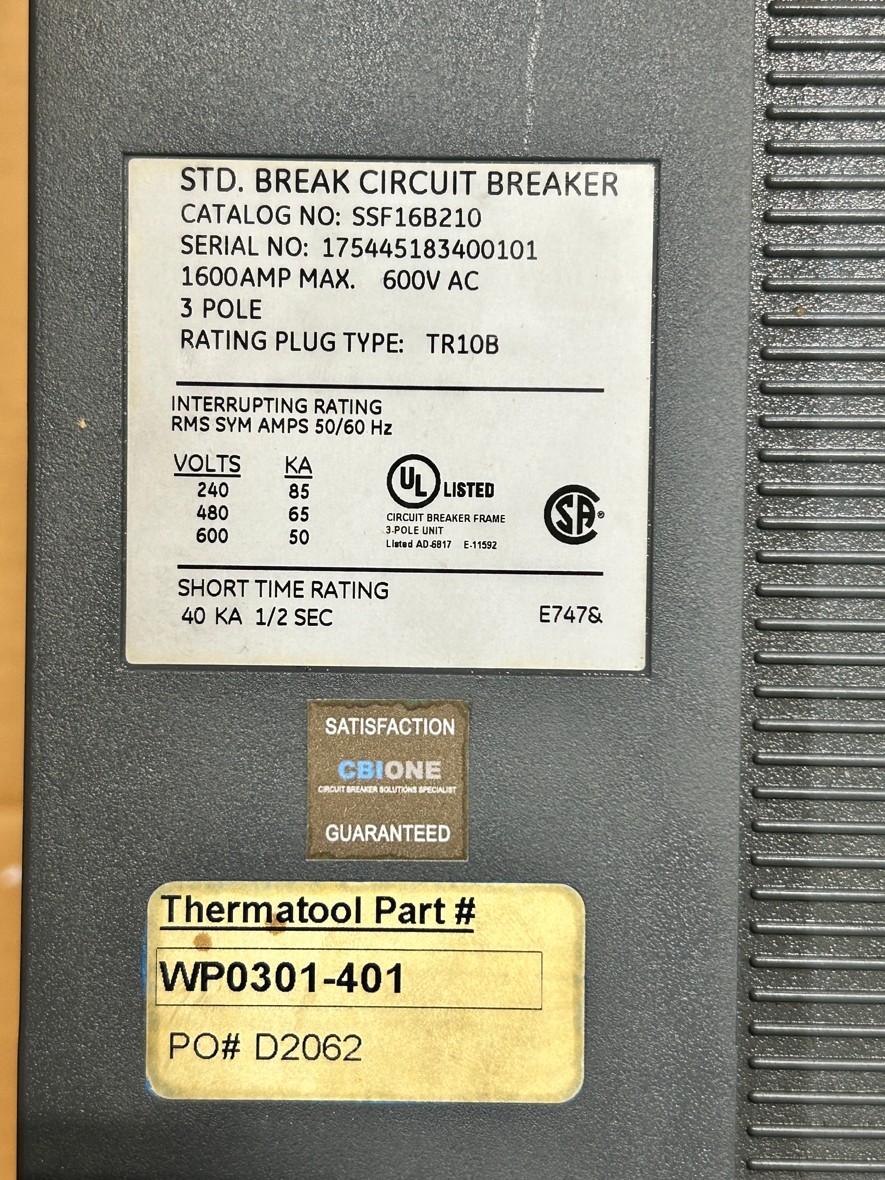 GE Power Break II SSF16B210 Circuit Breaker 1600A 600VAC 3 Pole TR10B