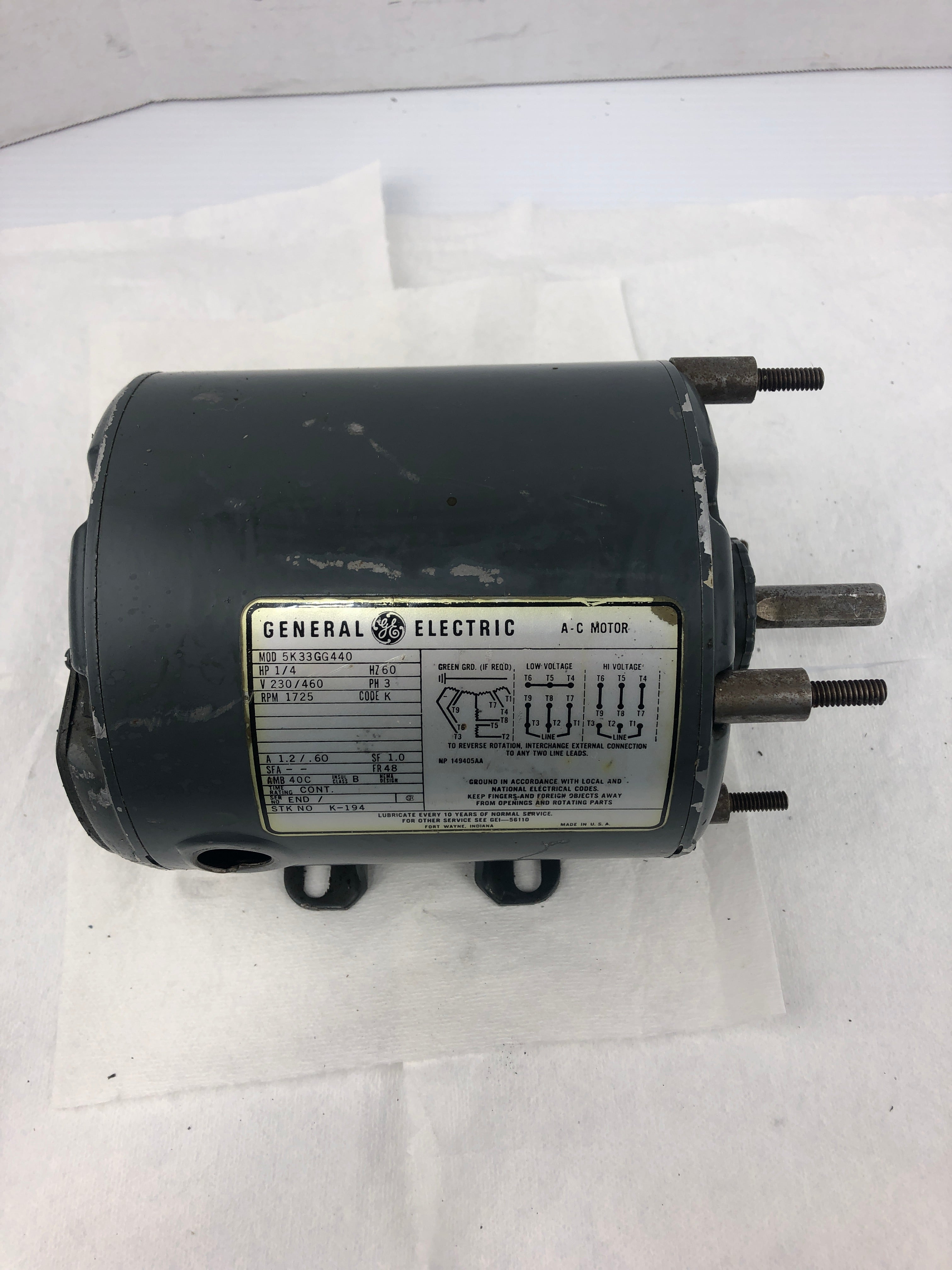General Electric 5K33GG440 AC Motor 1/4 HP 1725 RPM 3PH