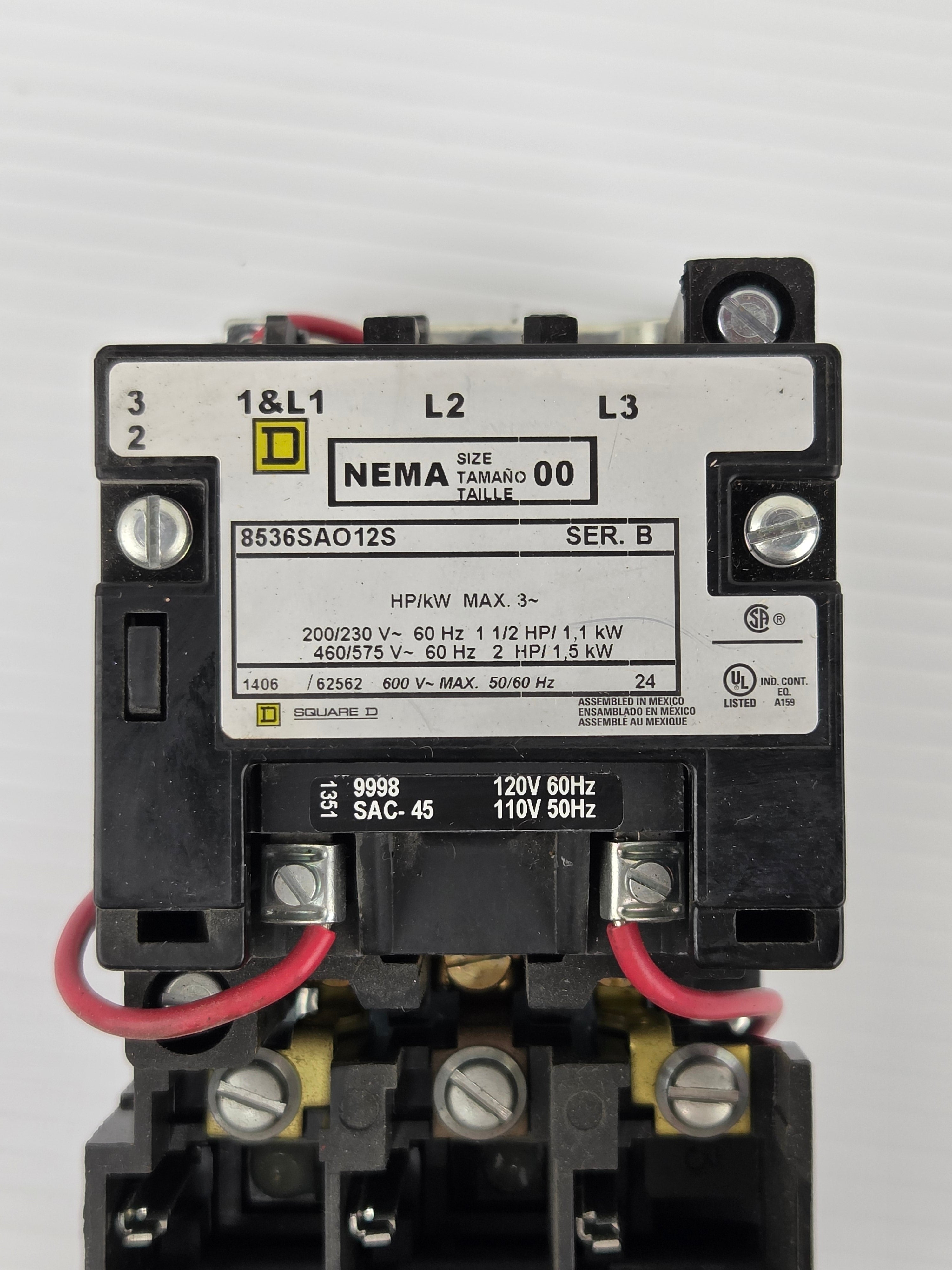 Square D 8536 SA Motor Starter 8536SAO12V02S Series B Size 00 8536SAO12S