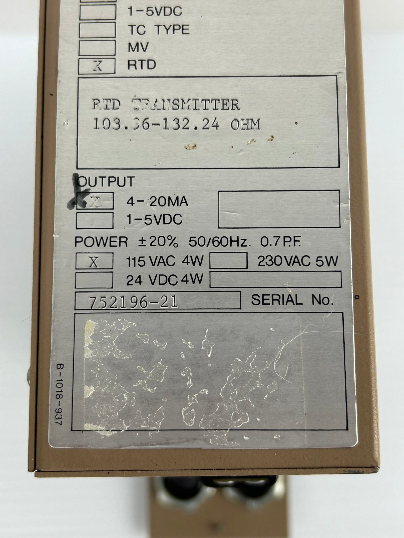 RIS SC-1372-C RTD Transmitter 103.96-132.24Ω 4-20mA 115VAC 4W