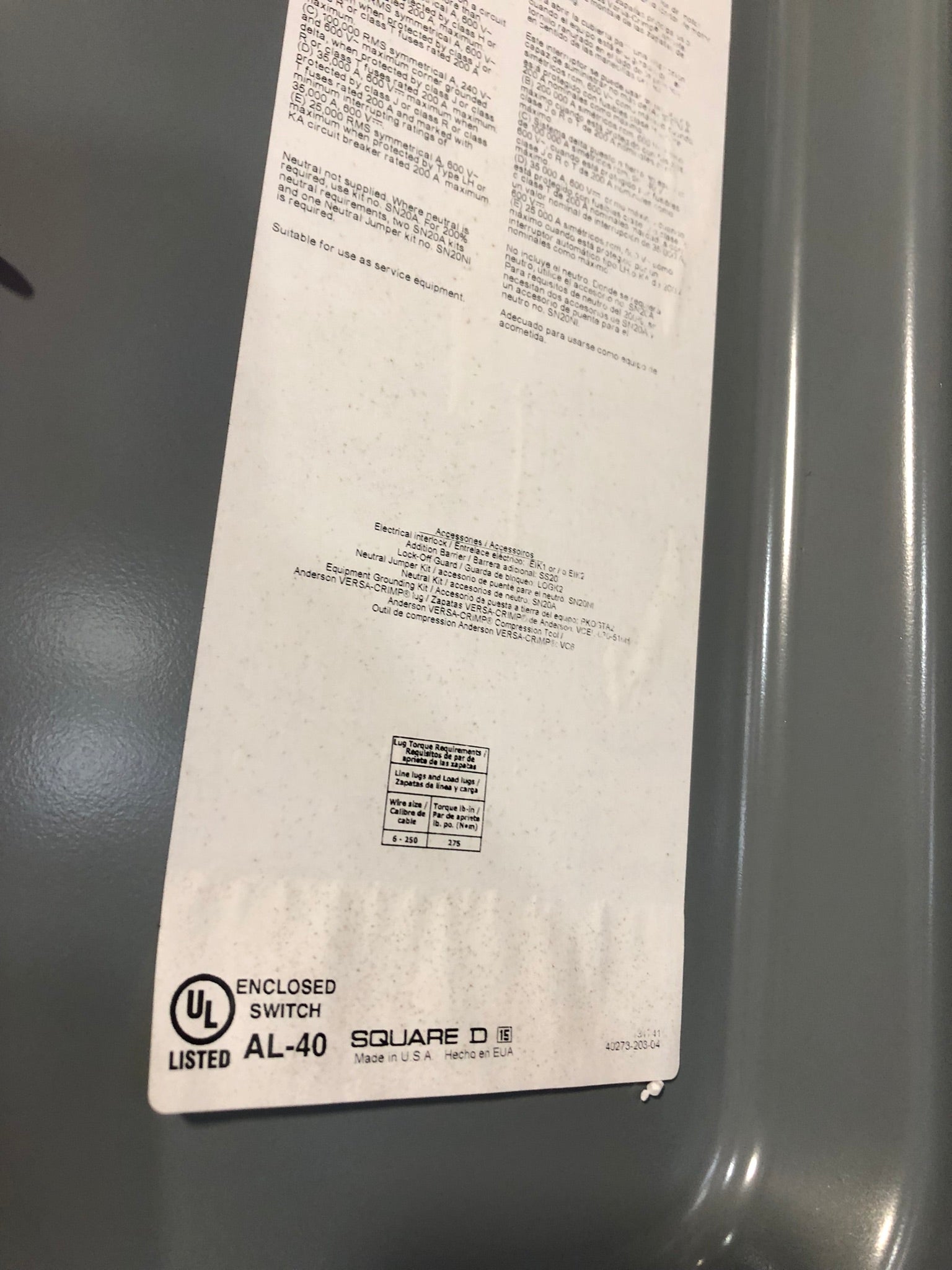 Square D HU364RB Enclosed Disconnect 200A Safety Switch Electrical Box AL-40