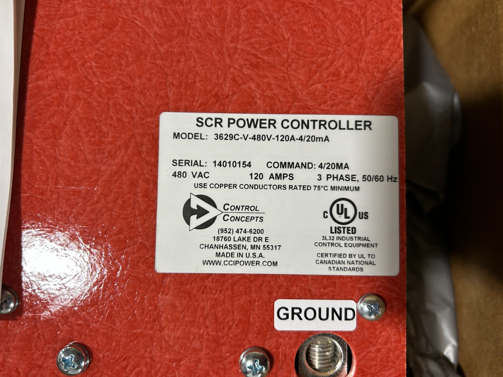 Control Concepts 3629C-V-480V-120A-4/20mA SCR Power Controller 480VAC 120A 3PH