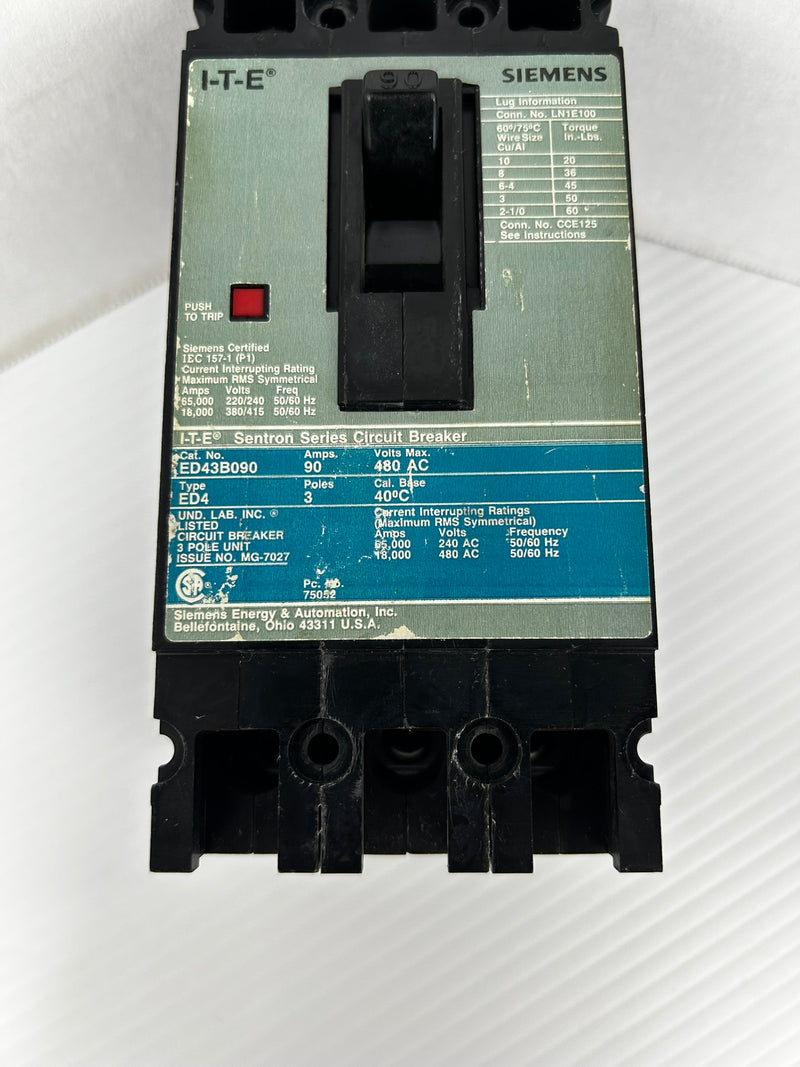 Siemens ED43B090 I-T-E Circuit Breaker Sentron Series Type: ED4 480V 90A 3P