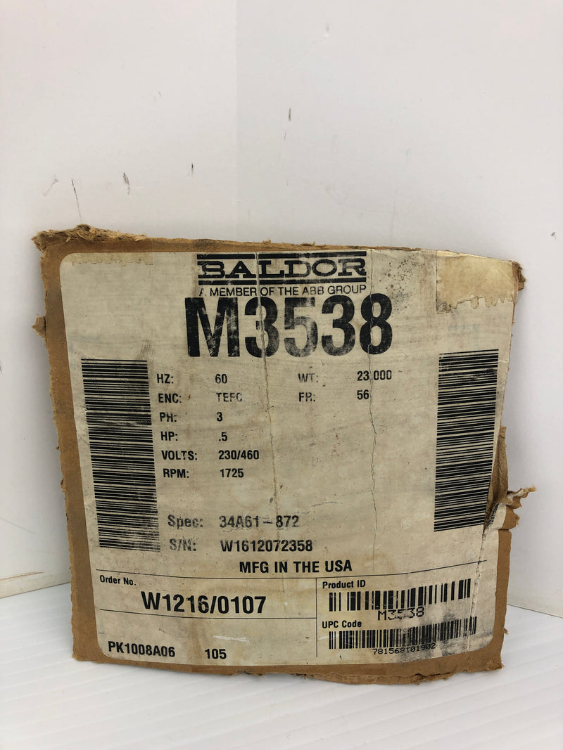 Baldor Reliance M3538 Industrial Motor 0.5HP 56 Frame 1725 RPM 3PH