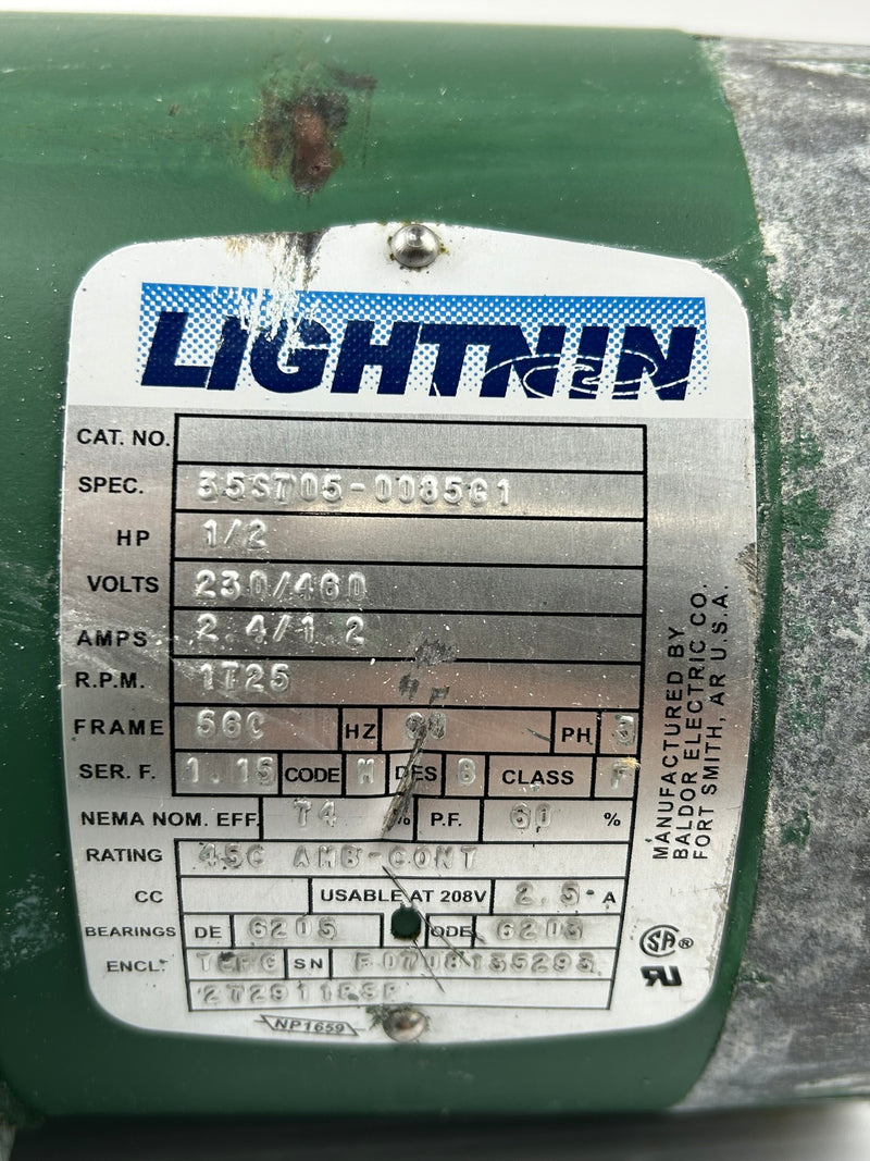 Baldor Lightnin 35ST05-0085G1 Motor 1/2HP 1725RPM 3PH 230/460V 2.4/1.2A 56C