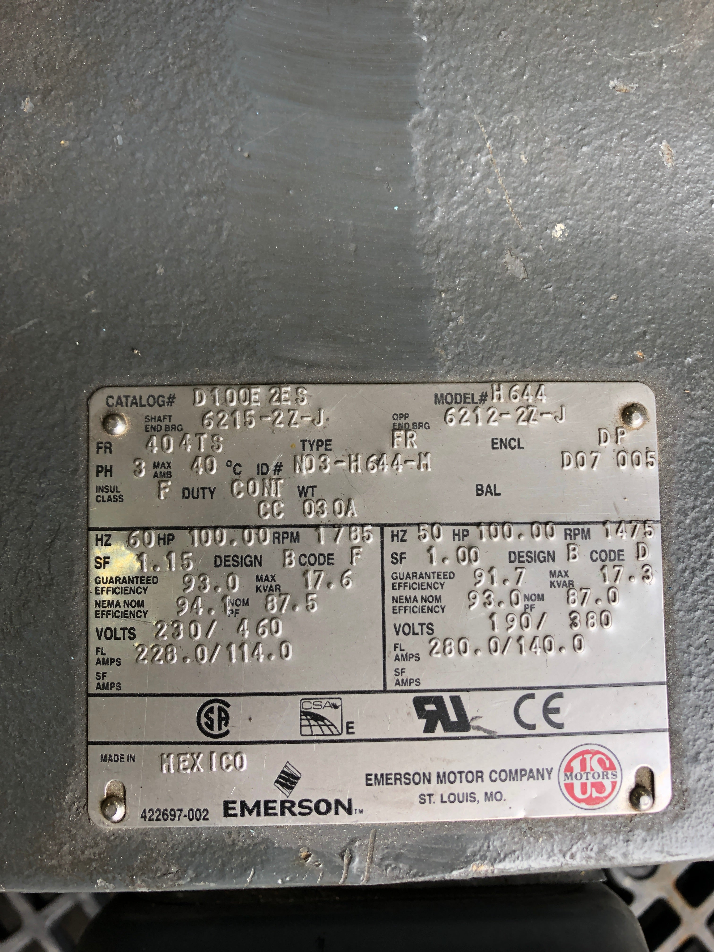 Emerson US Motors H644 AC Motor D100E2ES 100HP 1475/1785 RPM 3PH 404TS Frame