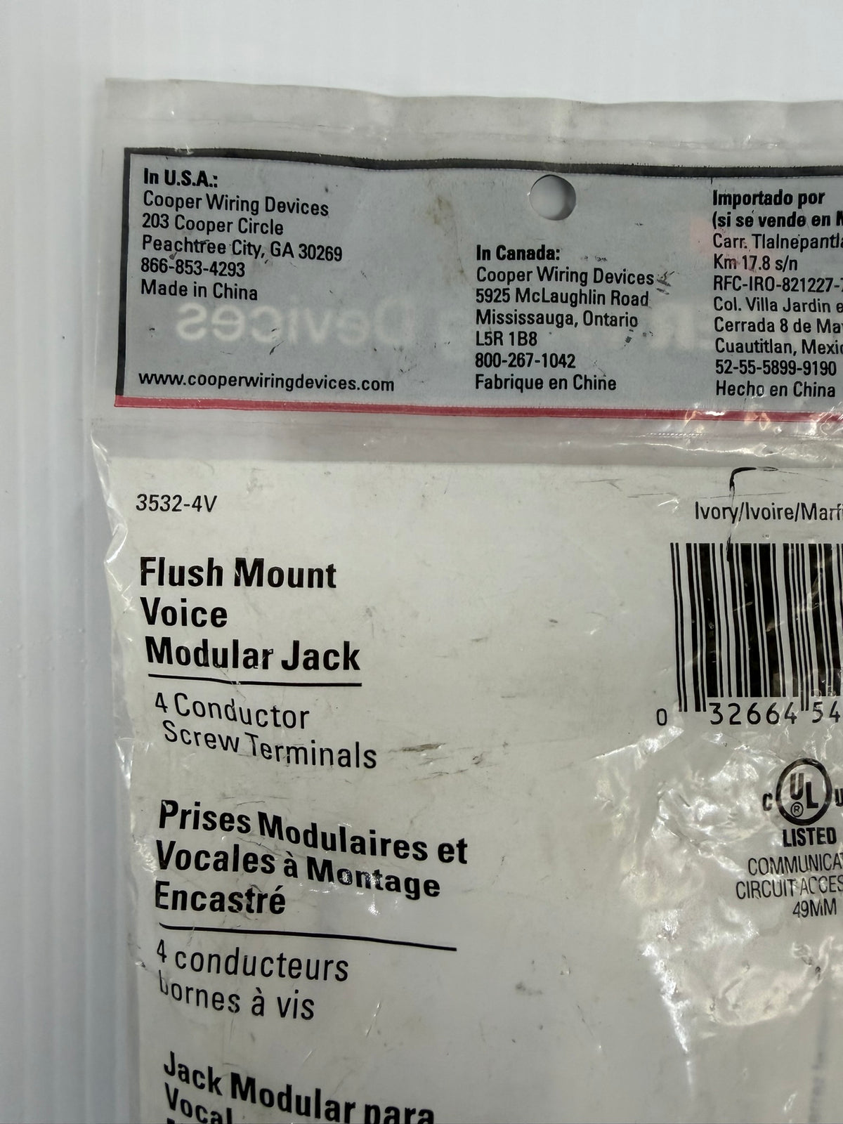 Cooper Wiring Flush Mount Voice Modular Jack 3532-4V - Lot of 4