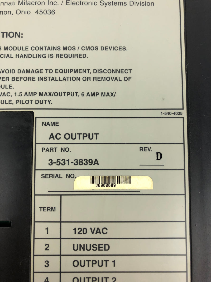 Cincinnati Milacron 3-531-3839A AC Output PLC Module Rev. D