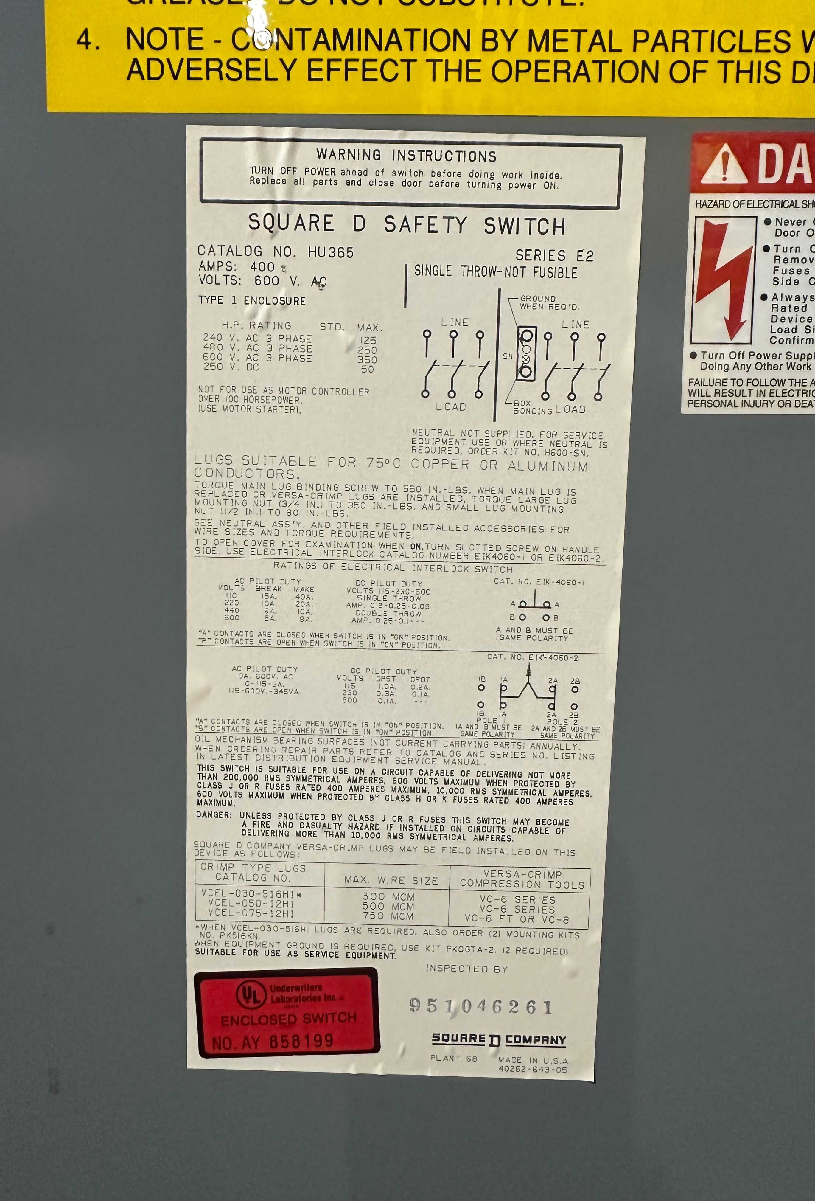 Square D Safety Switch HU365 400 Amp 600 Volt 3 Phase