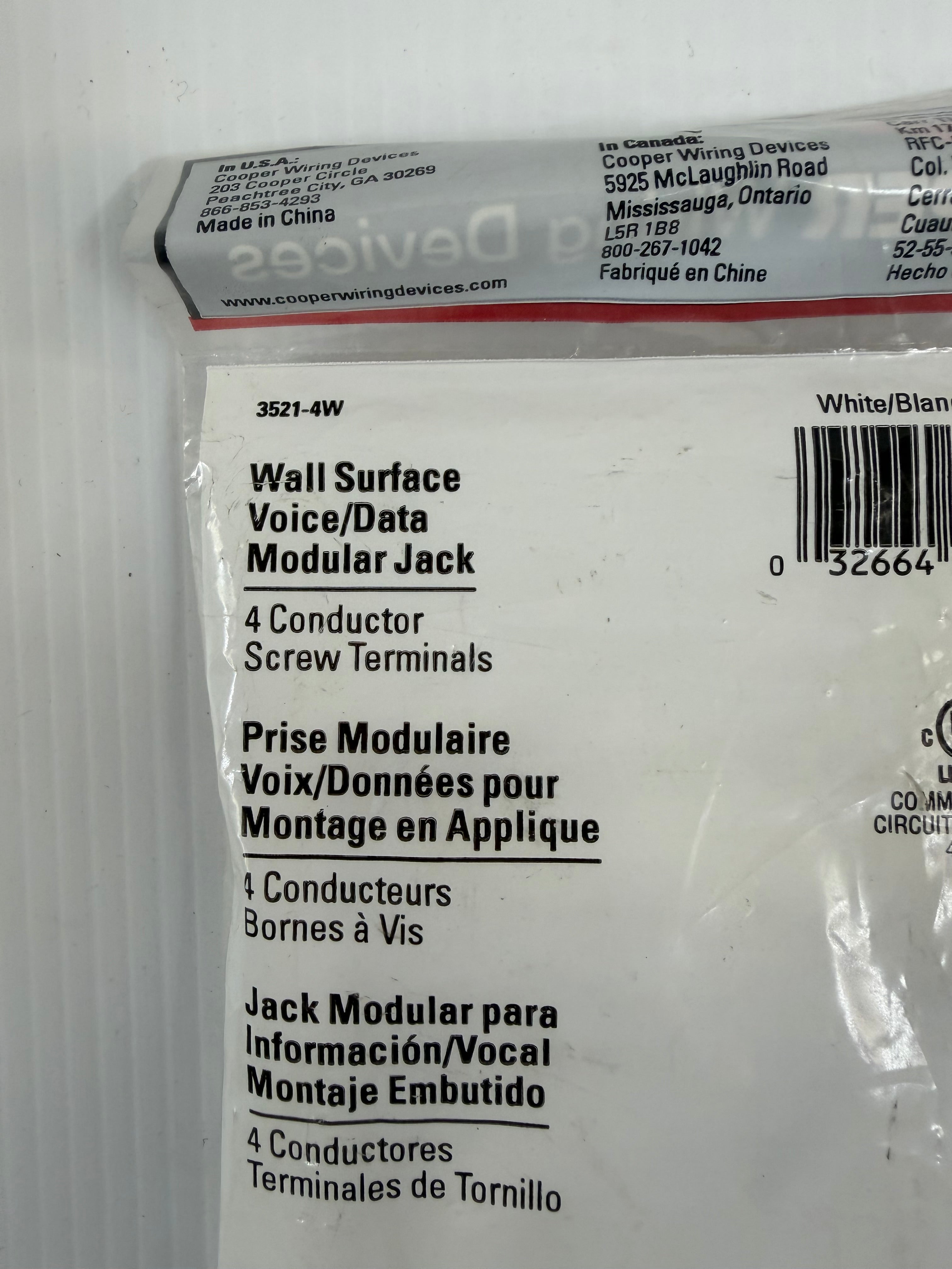 Cooper Wiring Wall Surface Voice/Data Modular Jack 3521-4W Lot of 6