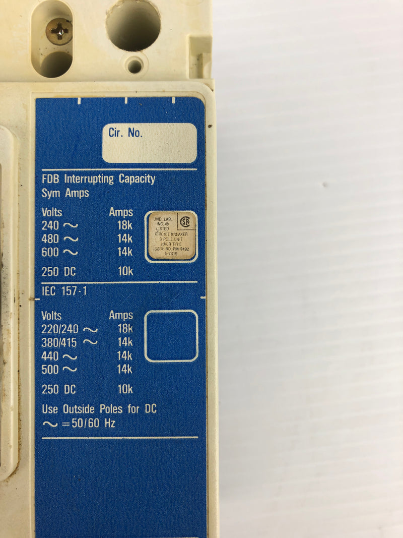 Westinghouse FDB 14K Industrial Circuit Breaker Series C 100A 600VAC