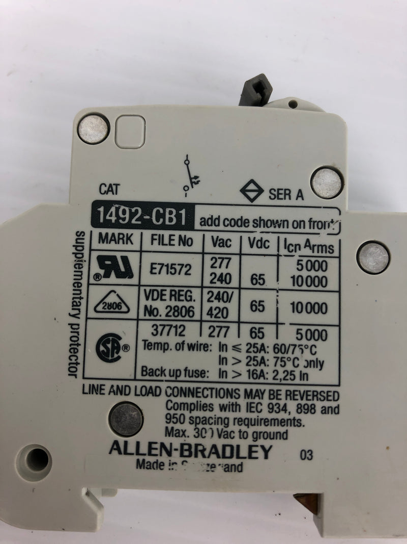 Allen Bradley G250 Circuit Breaker 1492-CB1 Ser. A 25A 1P