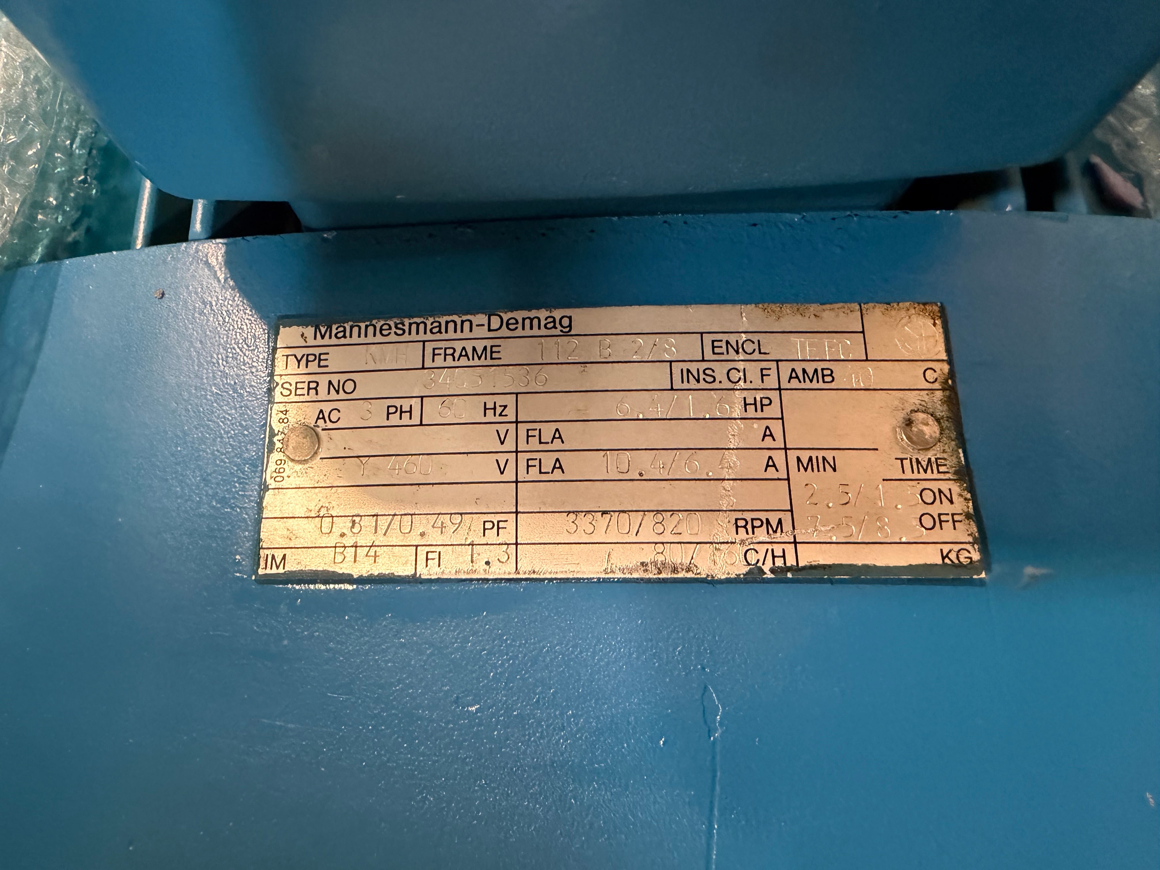 Demag KMH Hoist Motor 1.6HP 400V 3PH 3370/820RPM TEFC Brake Motor