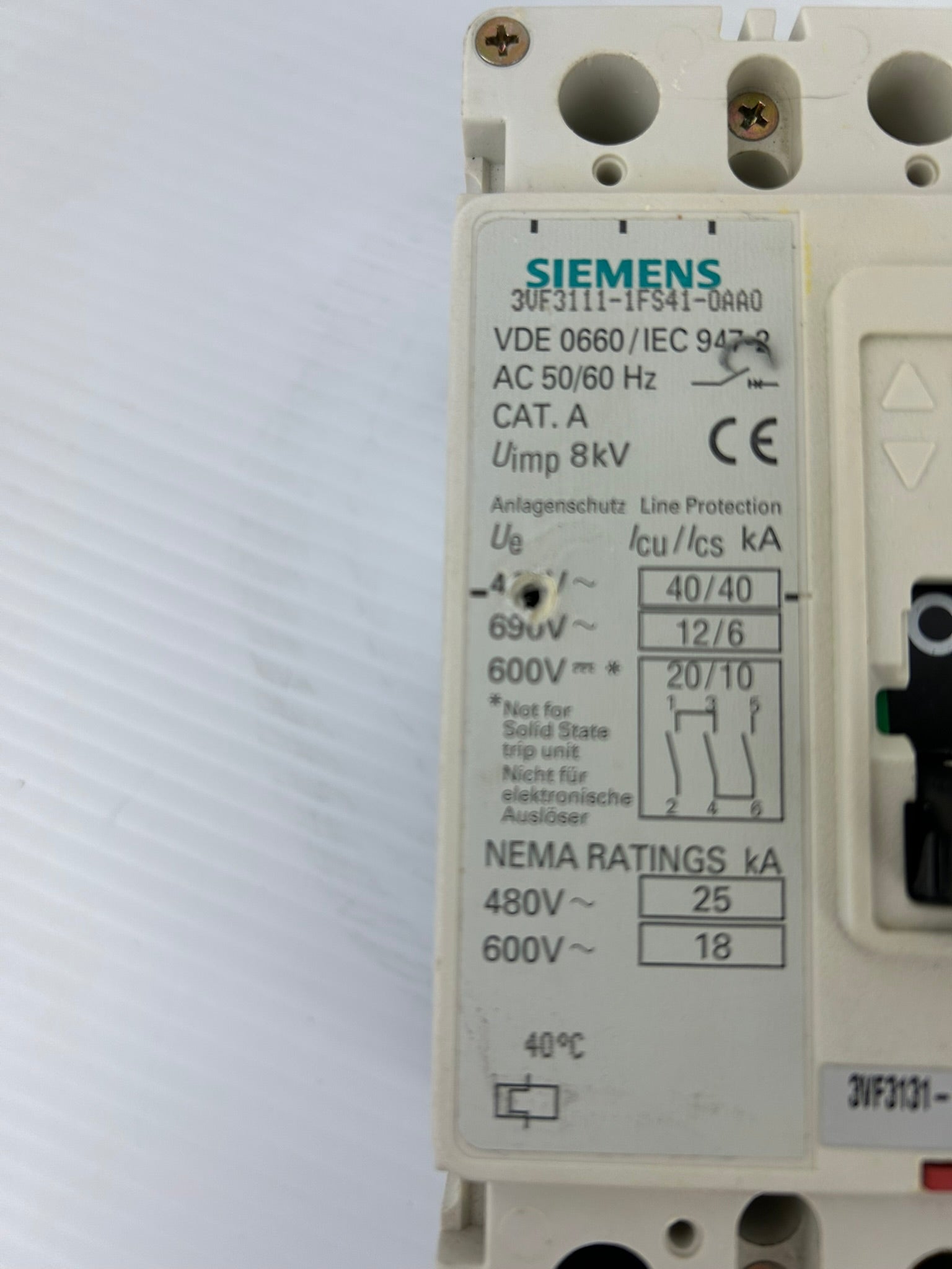 Siemens 3VF3111-1FS41-0AA0 Circuit Breaker AC 50/60Hz CAT A