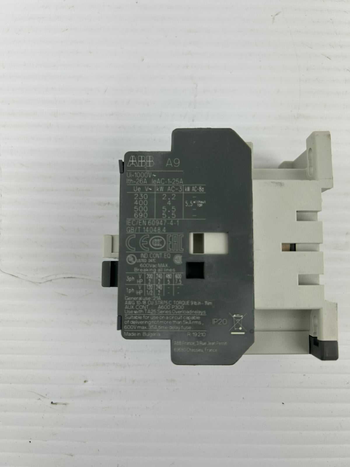 ABB A9-30-10 Contactor 110-120V 60Hz 3 Pole 1NO 25A 1SBL141001R8410