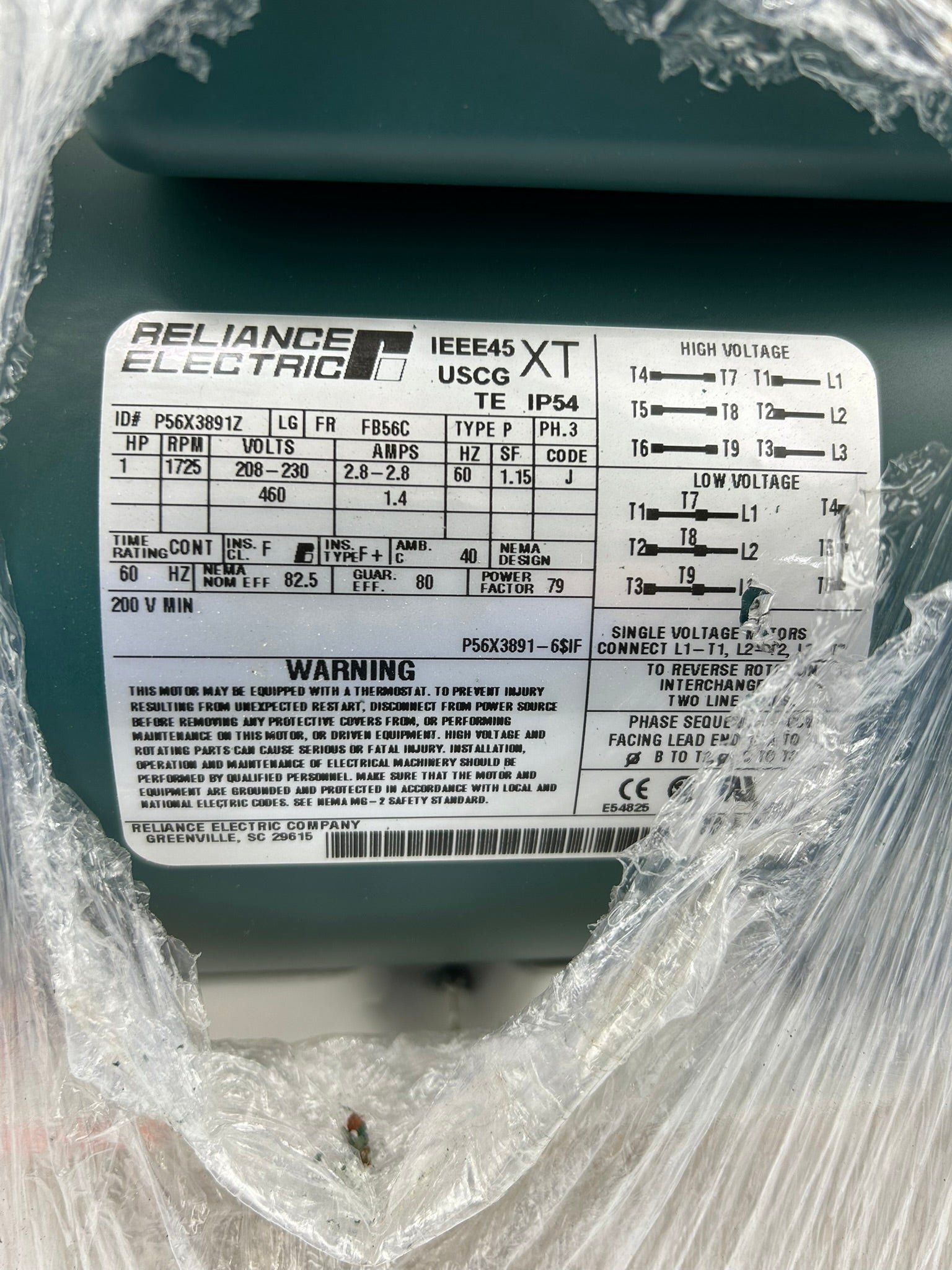 Reliance Electric P56X3891Z DC Motor FB56C Frame Type P 3 PH 1 HP 1725 RPM