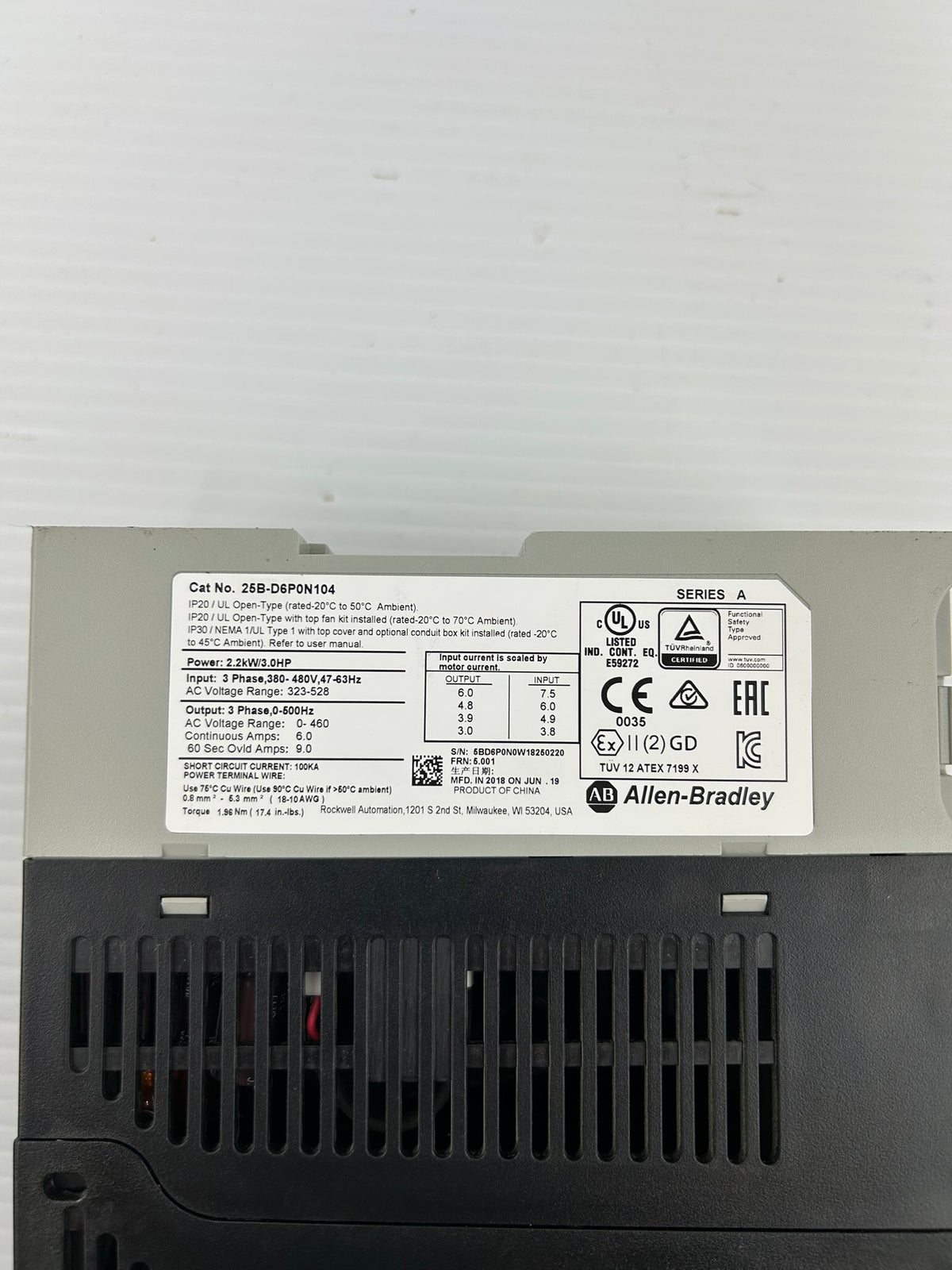Allen-Bradley PowerFlex 525 25B-D6P0N104 2.2kW 3PH 480V AC Drive VFD