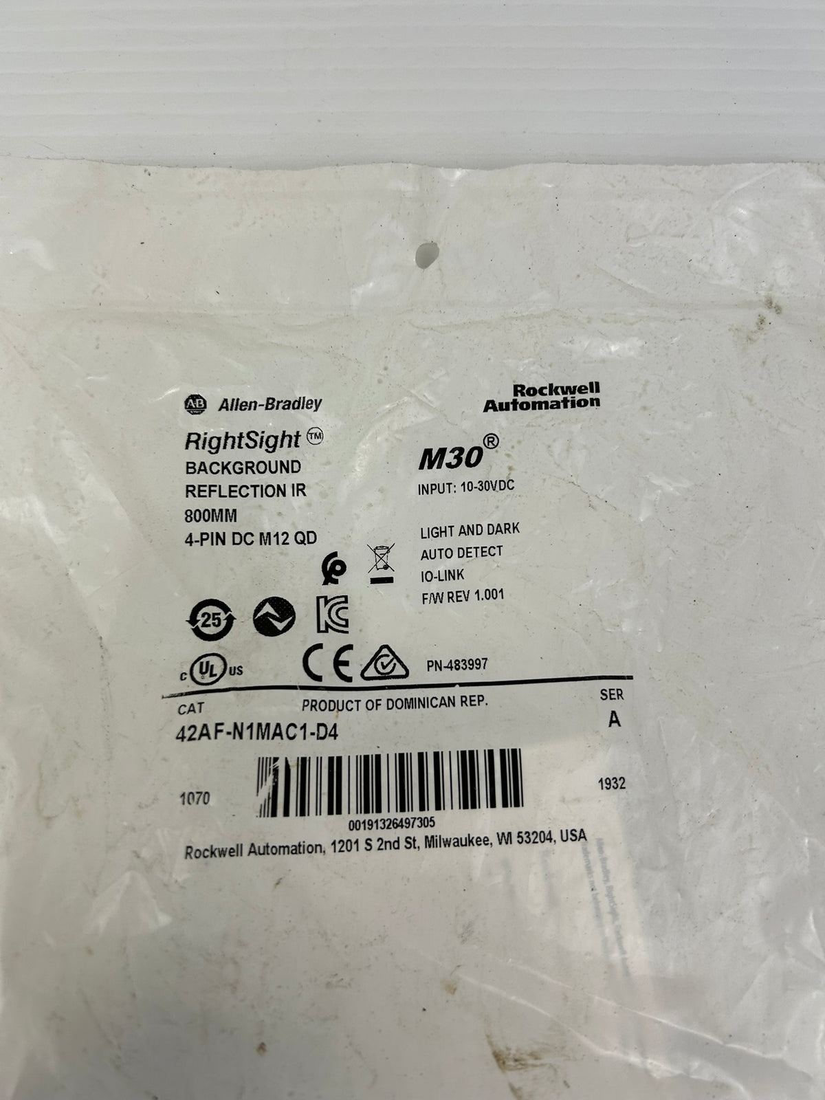 Allen Bradley 42AF-N1MAC1-D4 RightSight M30 Photoelectric Sensor 800mm 4-Pin M12
