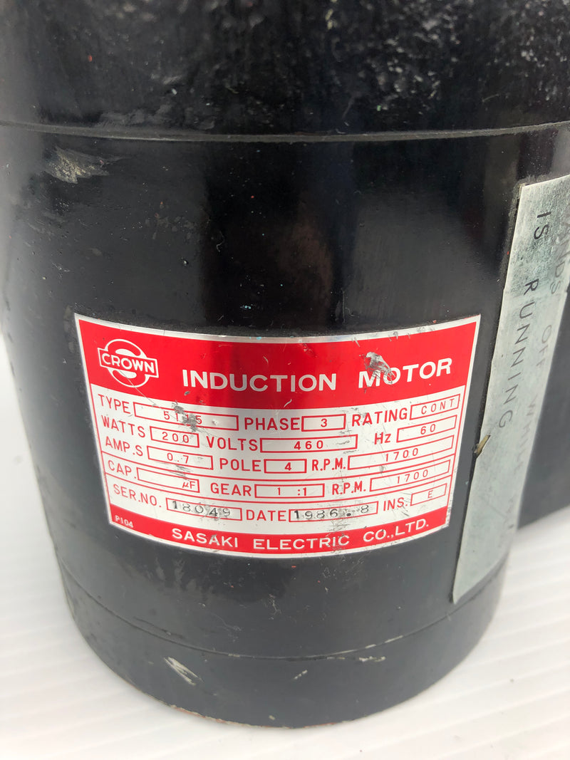 Sasaki Electric 5115 Crown Induction Motor with Guard 200W 1700 RPM 3PH 1:1