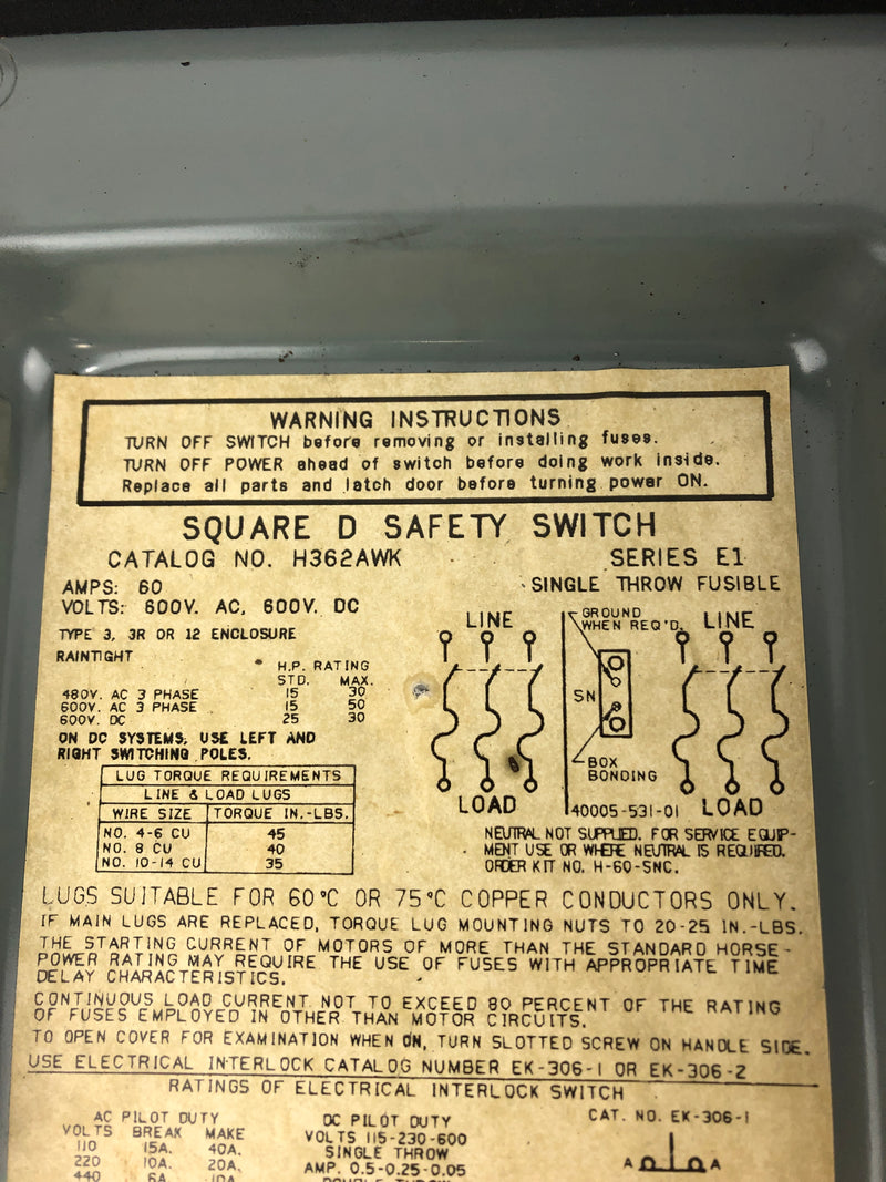 Square D H362AWK Safety Switch Series E1 600V 60A 3PH Fusible Type 3, 3R, 12