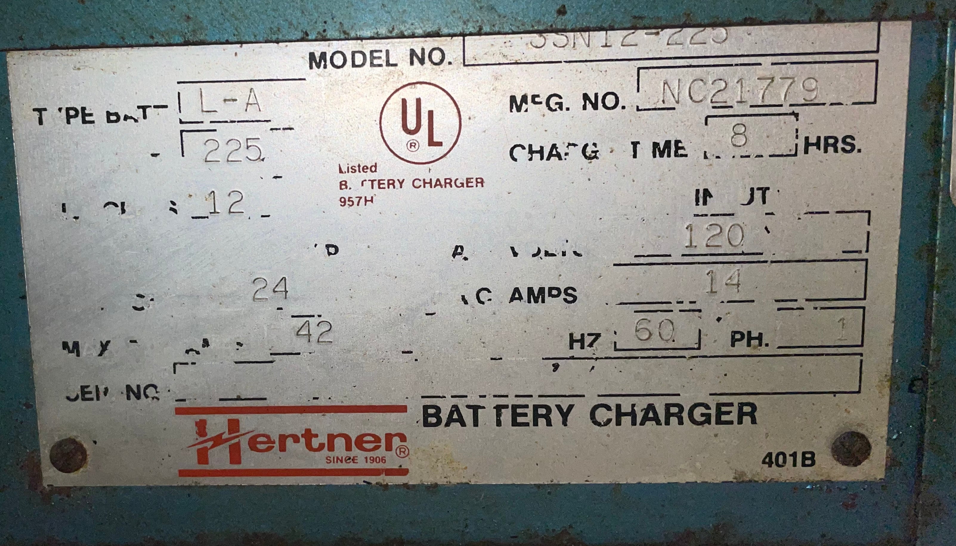 Hertner 3SN12-225 Battery Charger Auto 1000 Type L-A 1PH NC21779