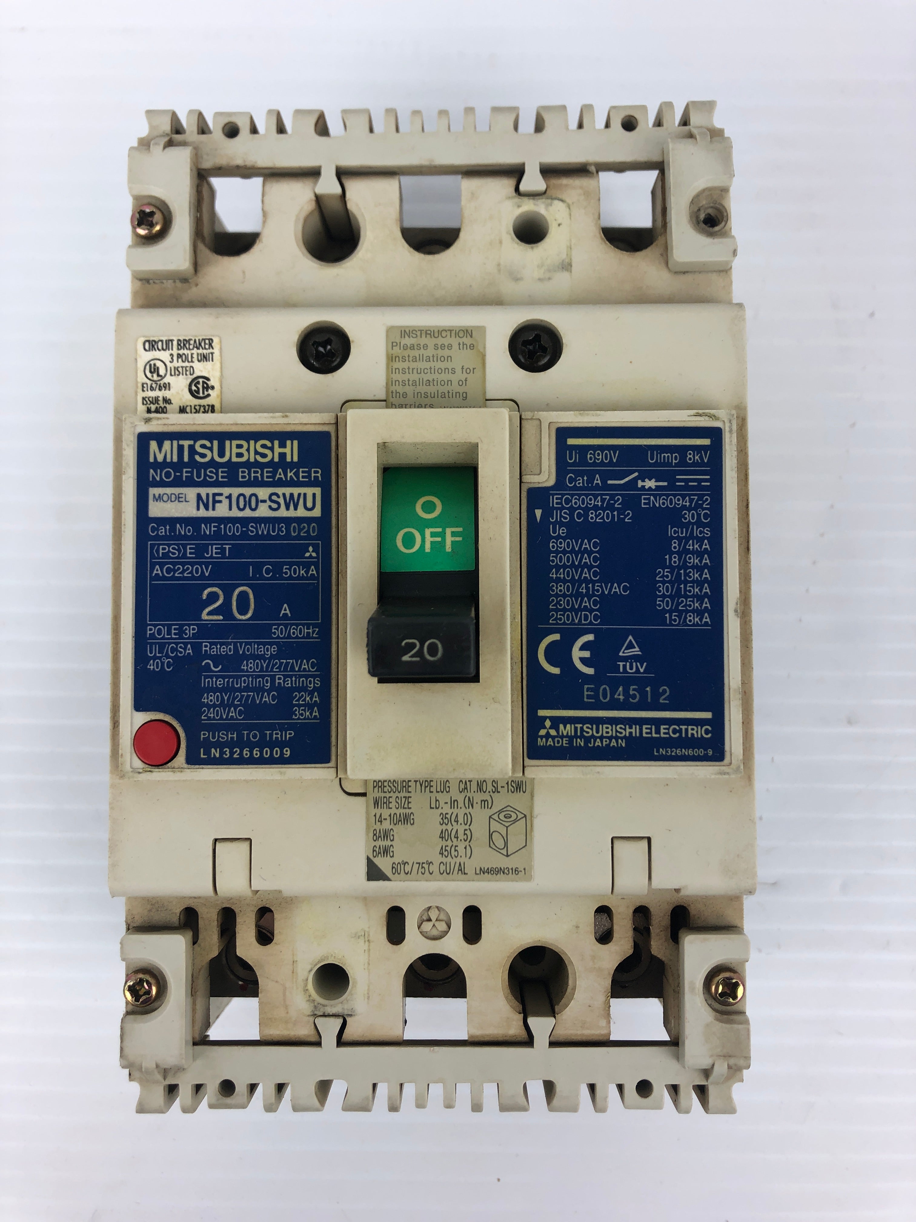 Mitsubishi NF100-SWU No-Fuse Breaker 20A 3P