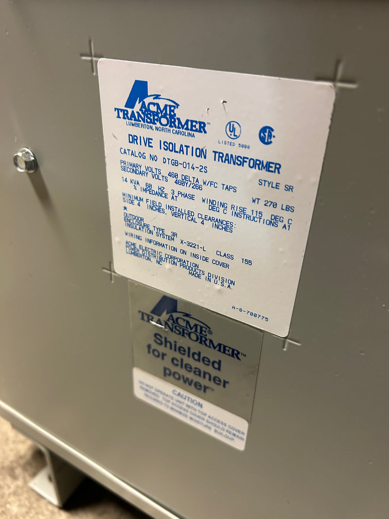 Acme DTGB-014-2S Drive Isolation Transformer 14kVA 3PH 460V 460Y/266V Style SR