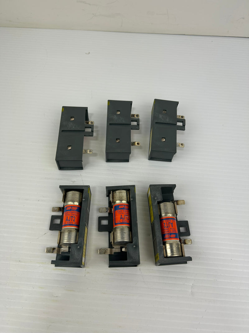 Amp-Trap AJT2 Dual Element Time Delay Fuse 2A 600VAC & HRC I-J Holder - Lot of 6