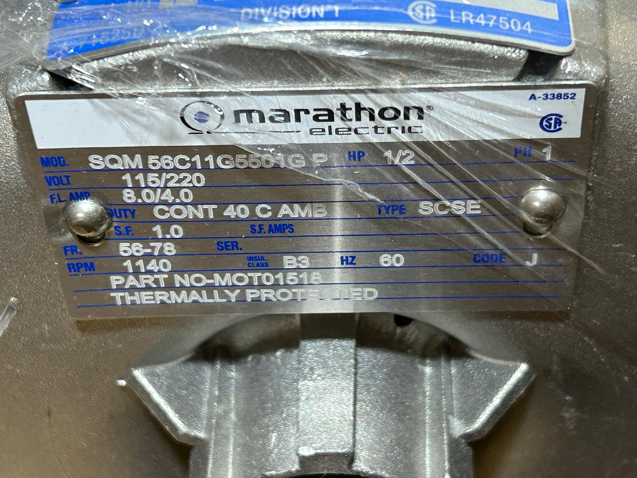 Marathon 056C11G5501 Motor 1/2 HP RPM 1140 1 PH 60HZ 56 Frame