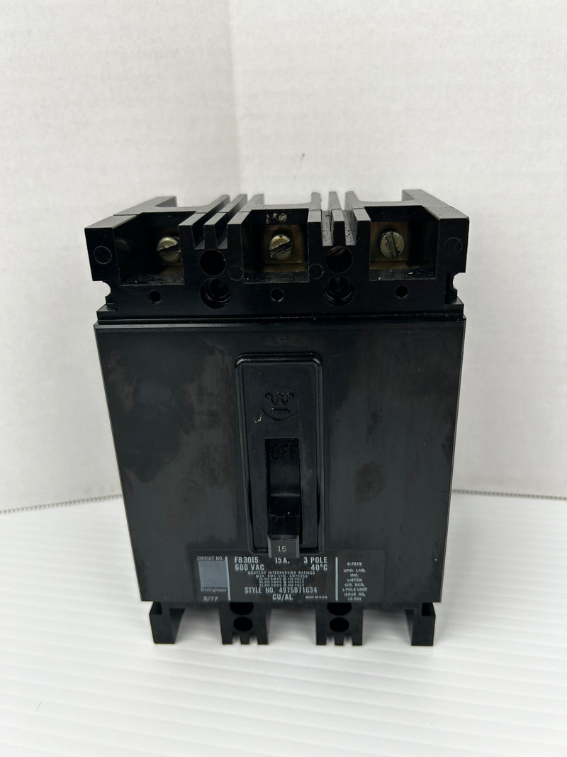 Westinghouse FB3015 Circuit Breaker 15A 3P 600VAC