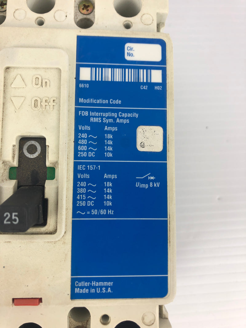 Cutler-Hammer FDB3025 Industrial Circuit Breaker FDB14K Ser. C 600VAC 25A 3P