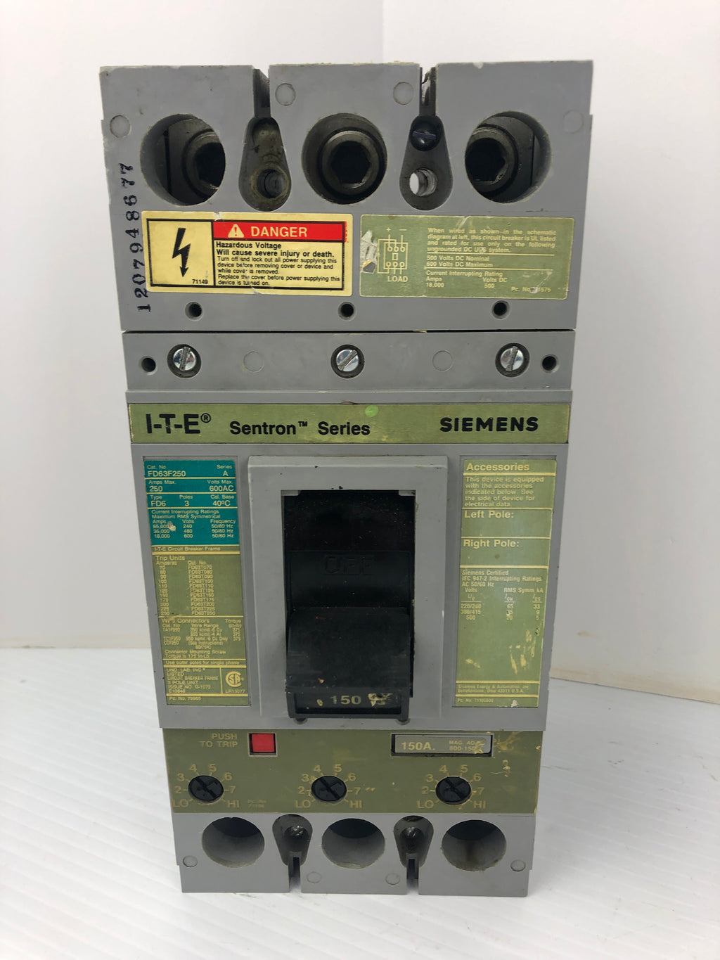 Siemens FD63F250 Circuit Breaker ITE Sentron Series 250A 600VAC 3P FD6 ...