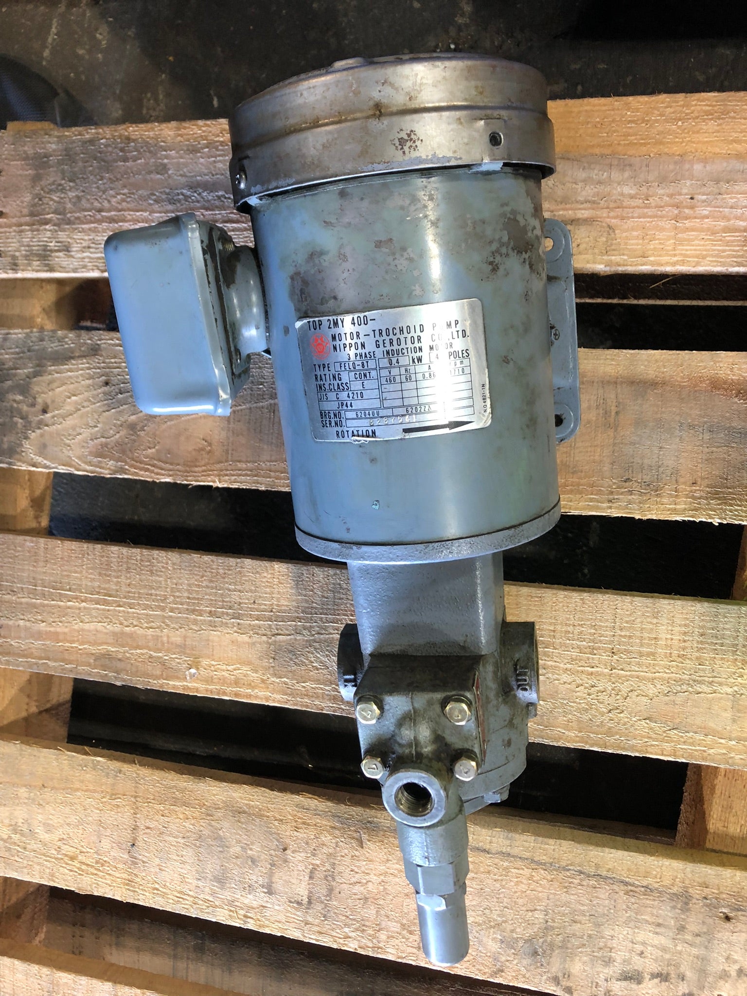 Nippon Gerotor FELQ-8T 3 Phase Induction Motor 4 Poles, 460V, 60 Hz, 1710 RPM