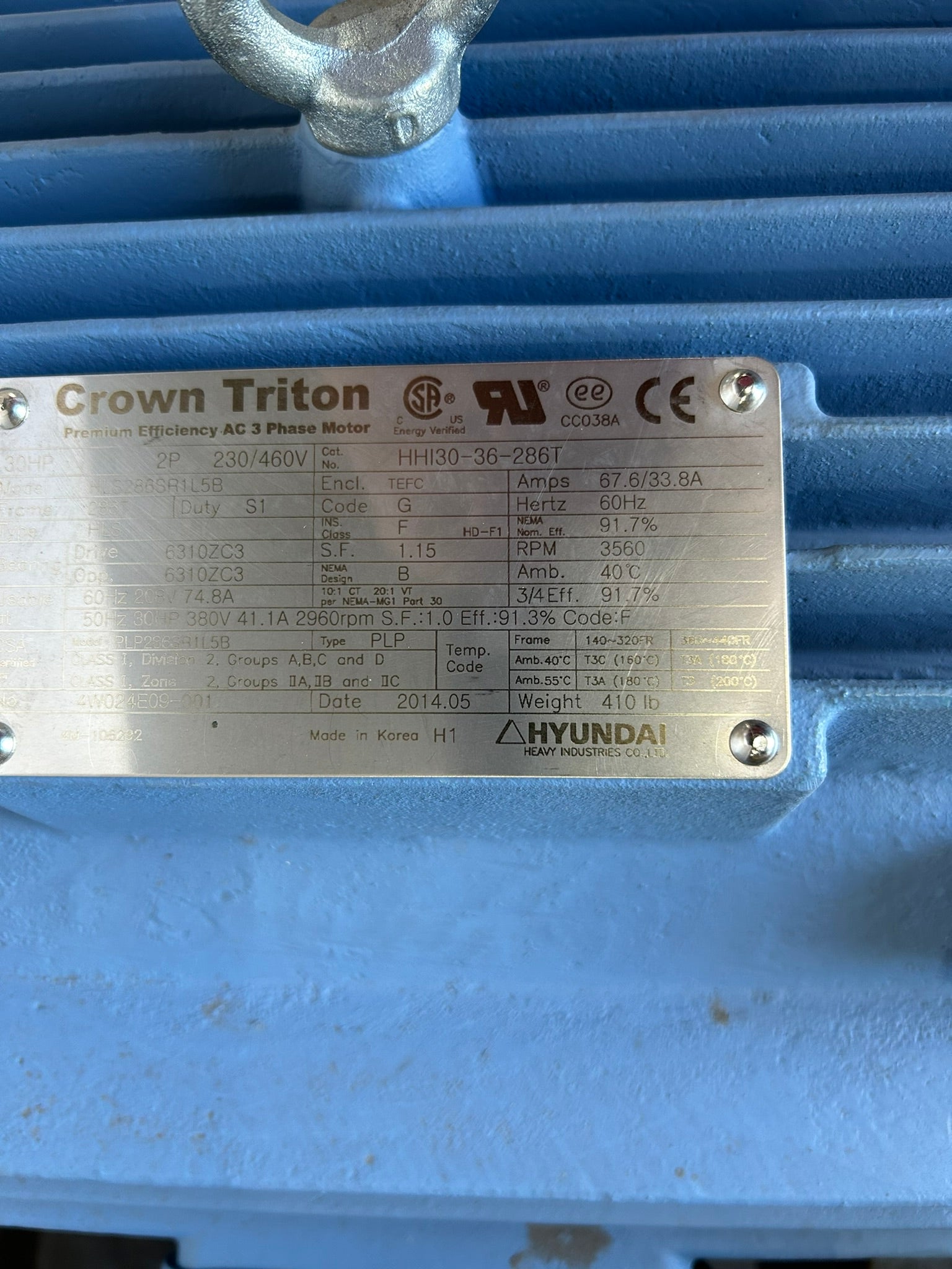 Crown Triton HLS286SR1L5B Motor Frame 286T 2 PH 30 HP 3560 RPM