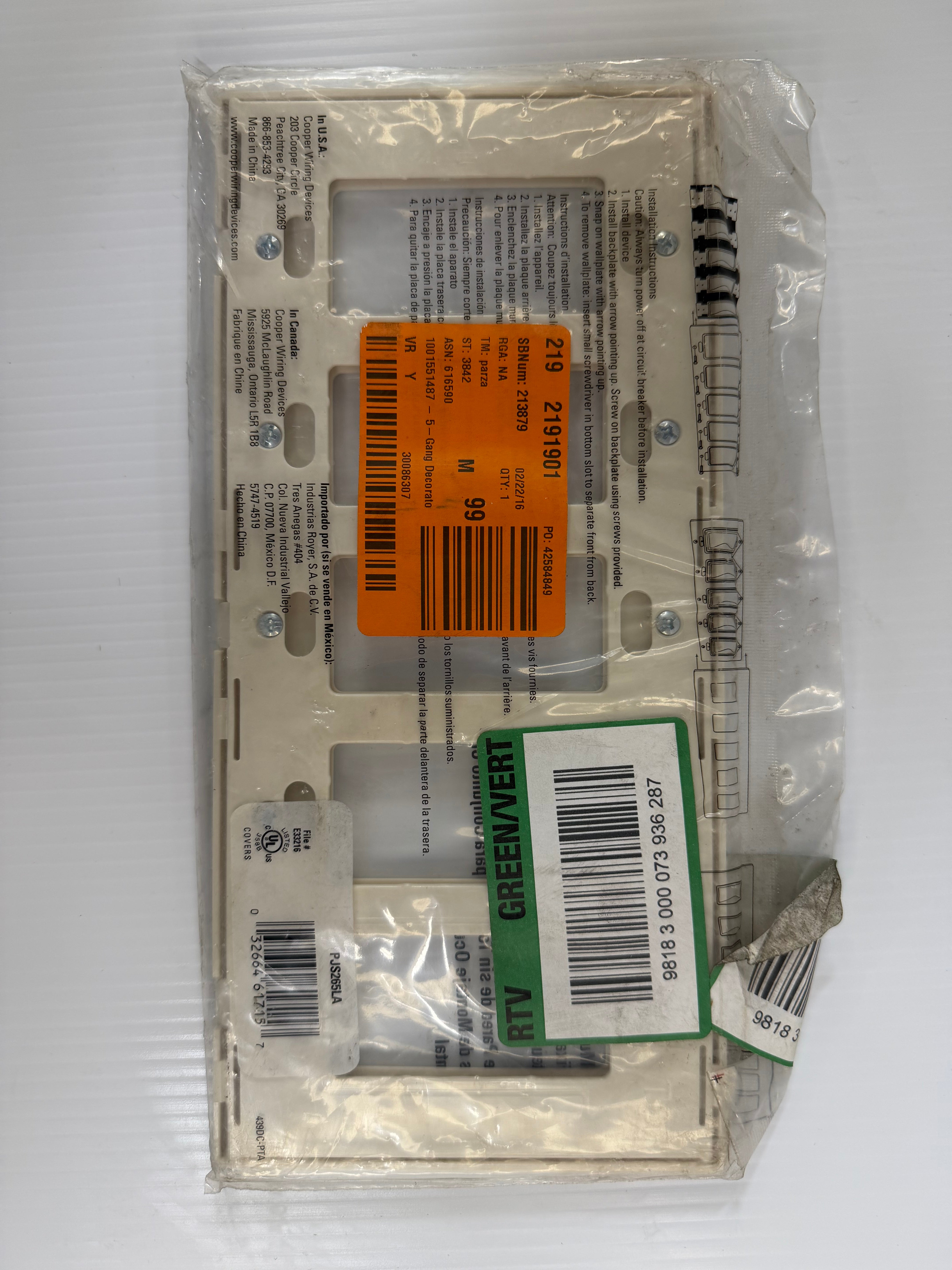 Cooper Wiring 5-Gang Screwless Wallplate PJS265CA Lot of 3
