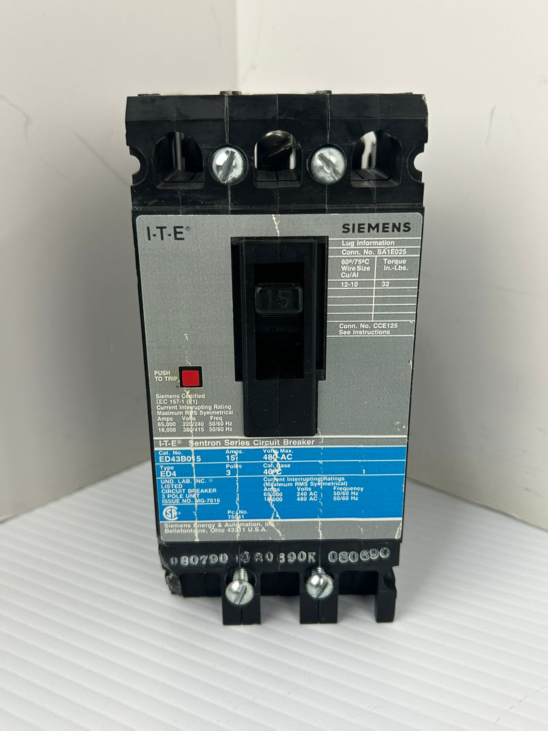 Siemens ED43B015 I-T-E Circuit Breaker Sentron Series Type ED4 480V 15A 3P