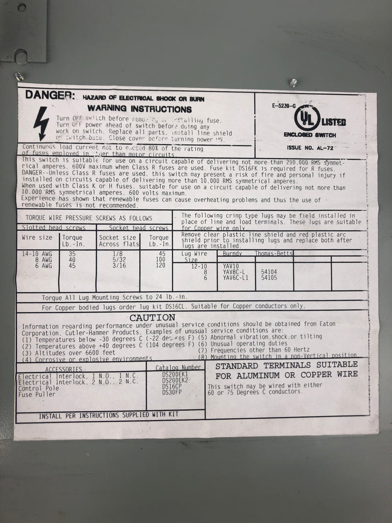 Cutler-Hammer Eaton DH361NGK Heavy Duty Safety Switch 30 Amp 600 Volts