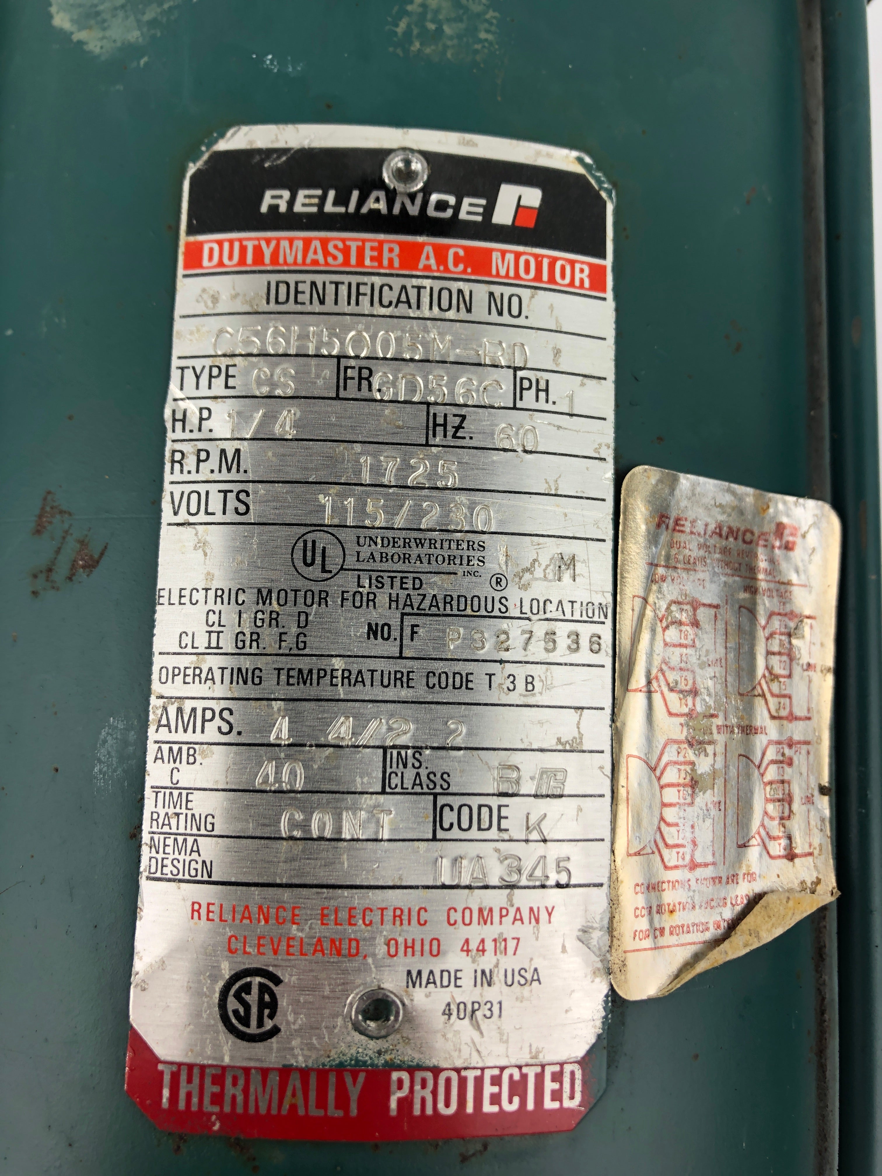 Reliance Electric C56H5005M-RD AC Motor 1725RPM 1/4HP 1PH 60Hz 115/230V 4.4/2.2A