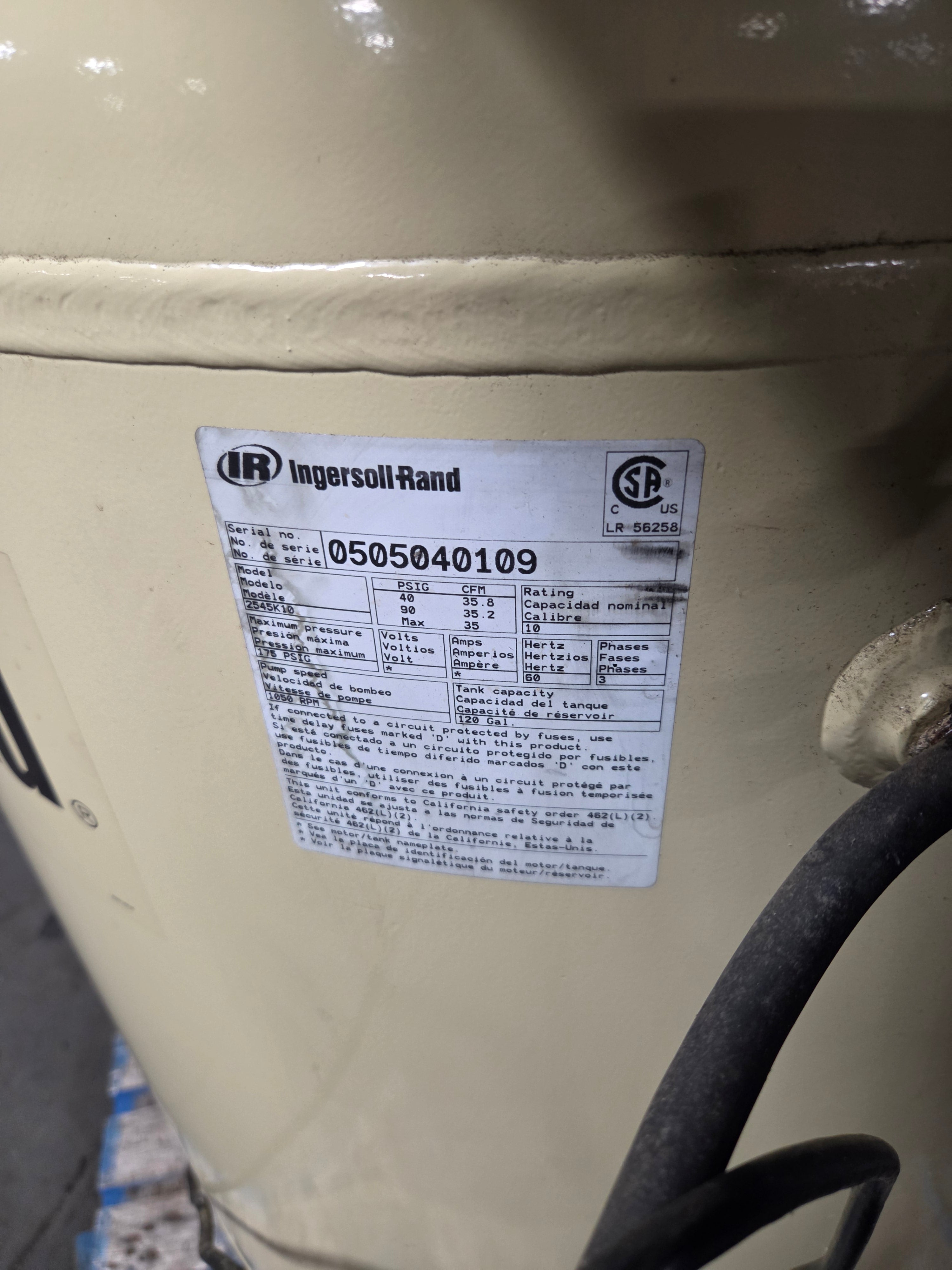 Ingersoll Rand 2545K10 Vertical Air Compressor 10 HP 120 Gallon 175 PSIG 3PH