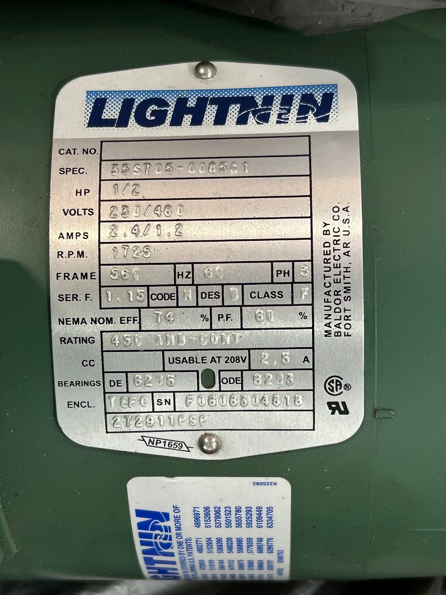 Lightnin X5S50 Mixer Agitator Drive Top-Entry 1/2 HP 1725 RPM 3 PH Motor