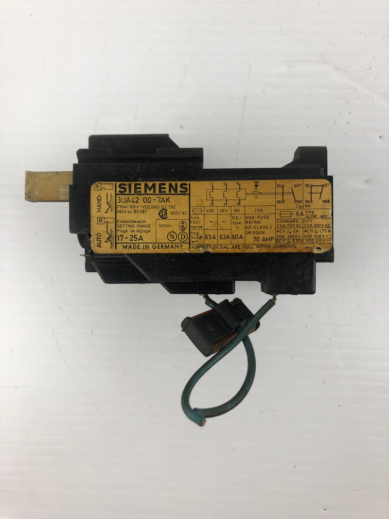 Siemens 3UA42 00-7AK Overload Relay 17-25A